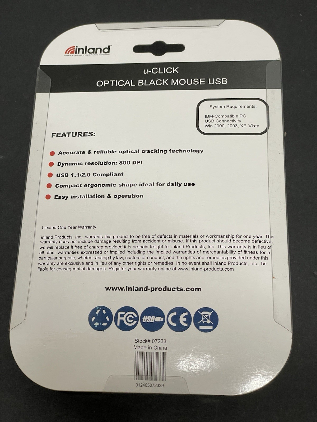 NEW SEALED Inland Navigate Optical Wired Mouse USB Black 07233