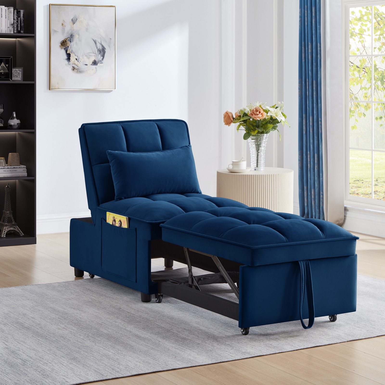 4 in1 Multi-Function Single Sofa Bed with Storage Pockets,Tufted Single Pull-