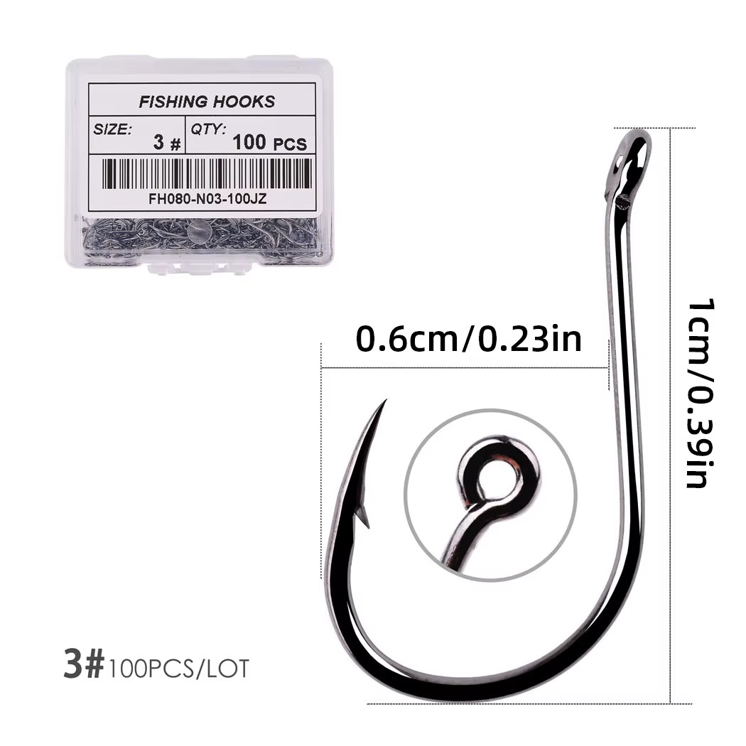 100Pcs/Box Fishing Hooks Iseama Circle Carp Eyed Fishing Hook Set Size 2-15# Rin