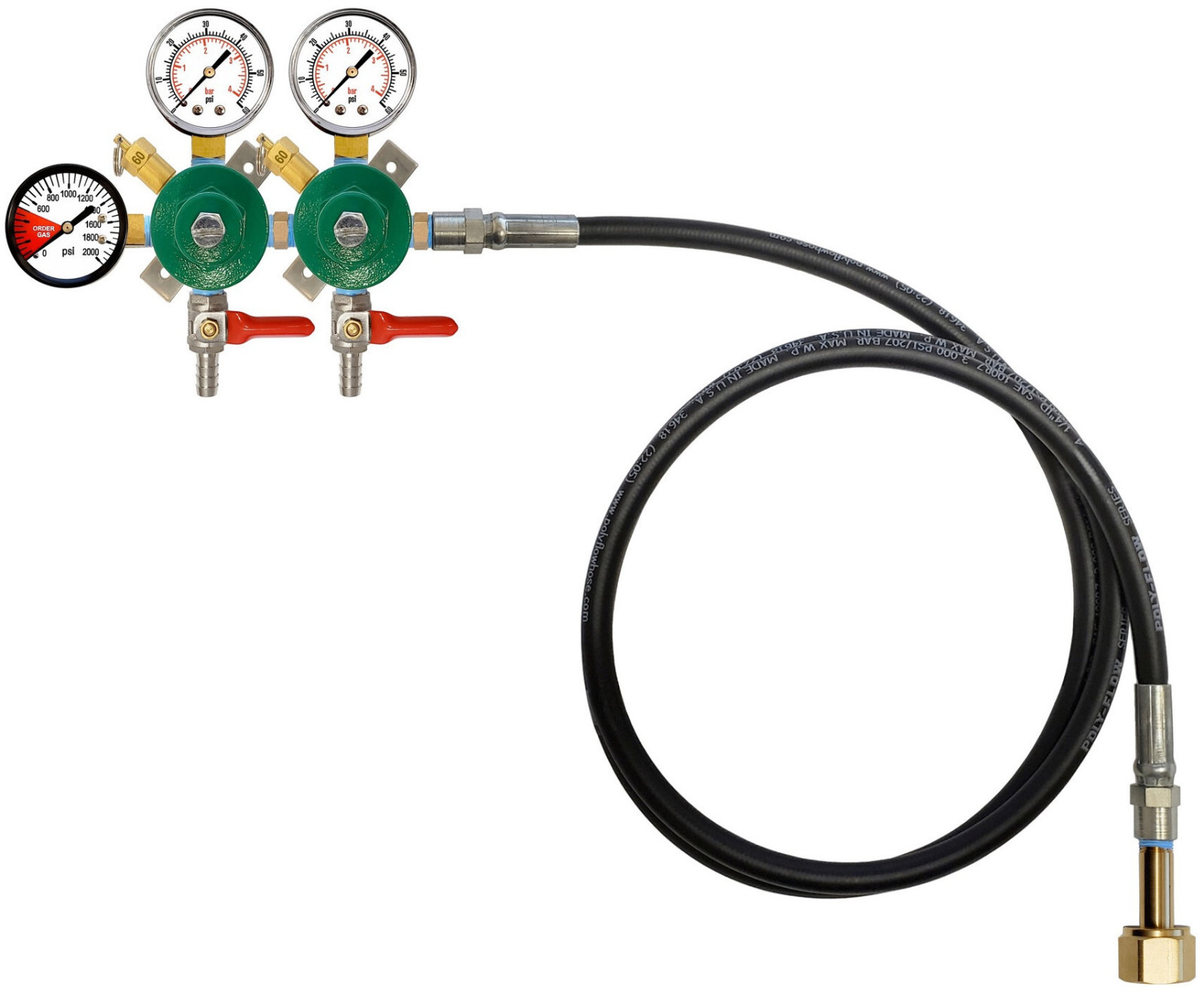 DOUBLE CO2 REGULATOR- 6' EXT HOSE -3/8" BARB w S.OFF & CHK VALVE- 60:2000 GAUGES