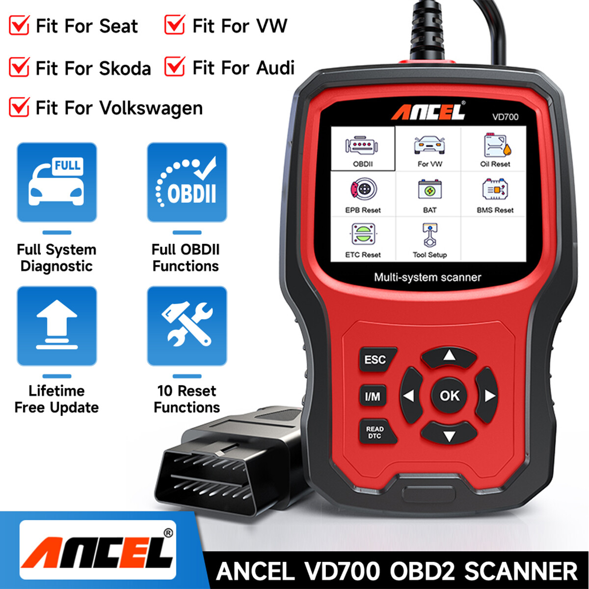 Fit For Audi Car ALL System DPF EPB SRS OBD2 Scanner Diagnostic Tool Code Reader