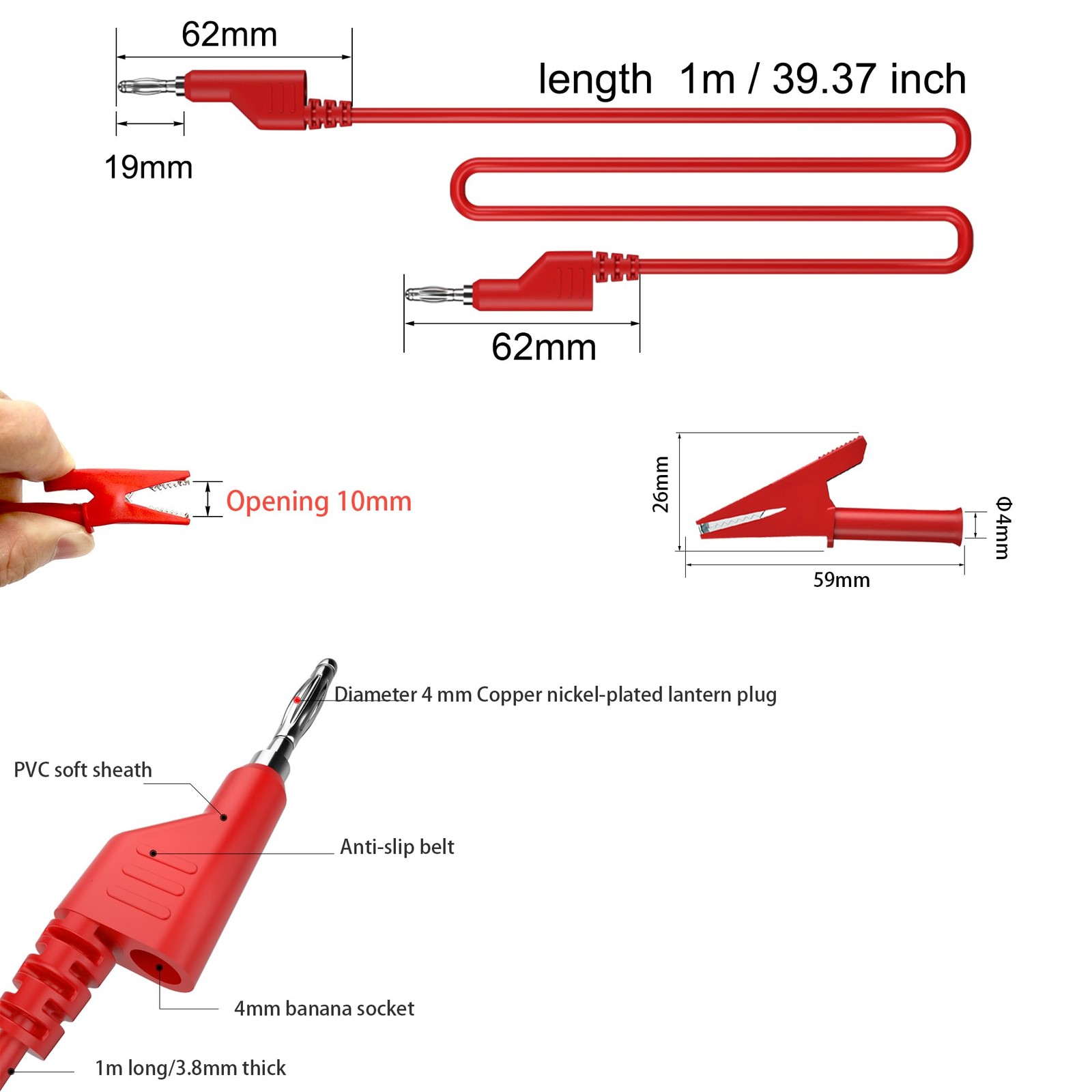 Stackable Banana Plug Test Leads Cable Kit with Alligator Clips, 6 Pcs