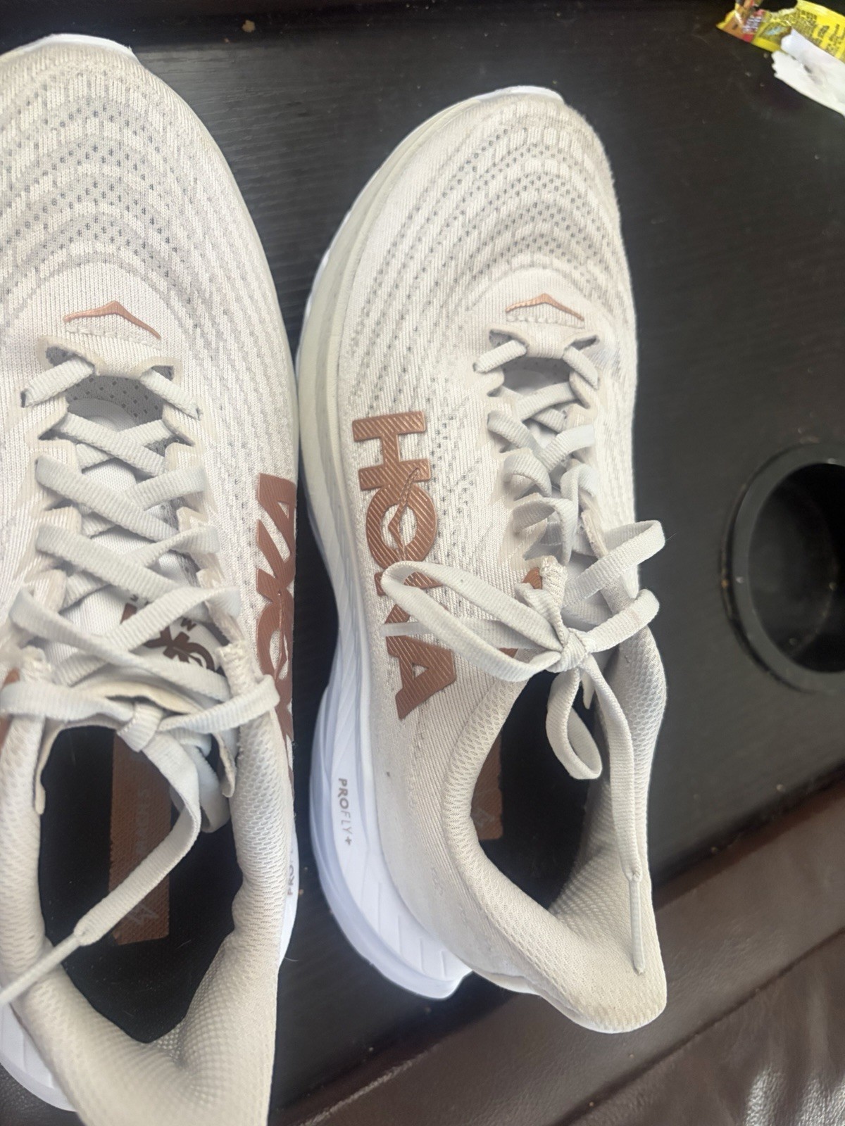 Hoka One One Mach 5 Men's Athletic Running Shoes White Brown Mesh Lace-Up 7.5