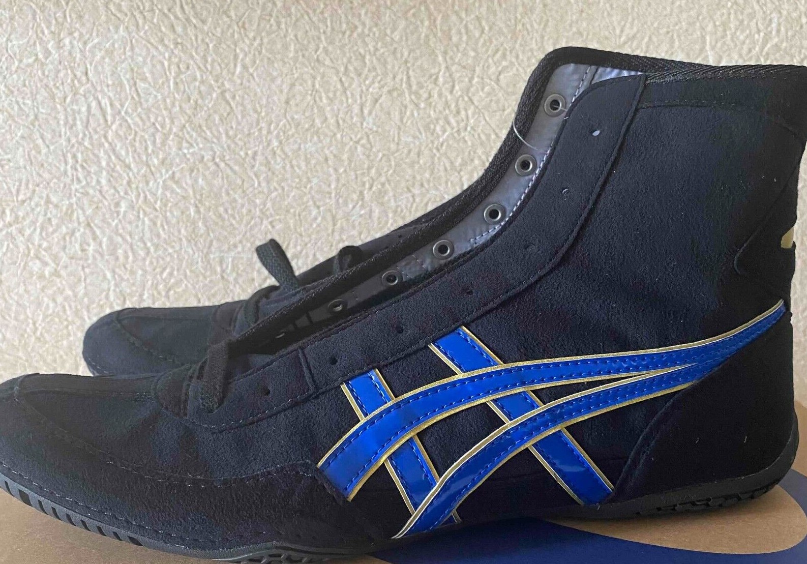 Asics Wrestling Shoes EX-EO 1083A001 Black x Blue x Gold Heel Gold