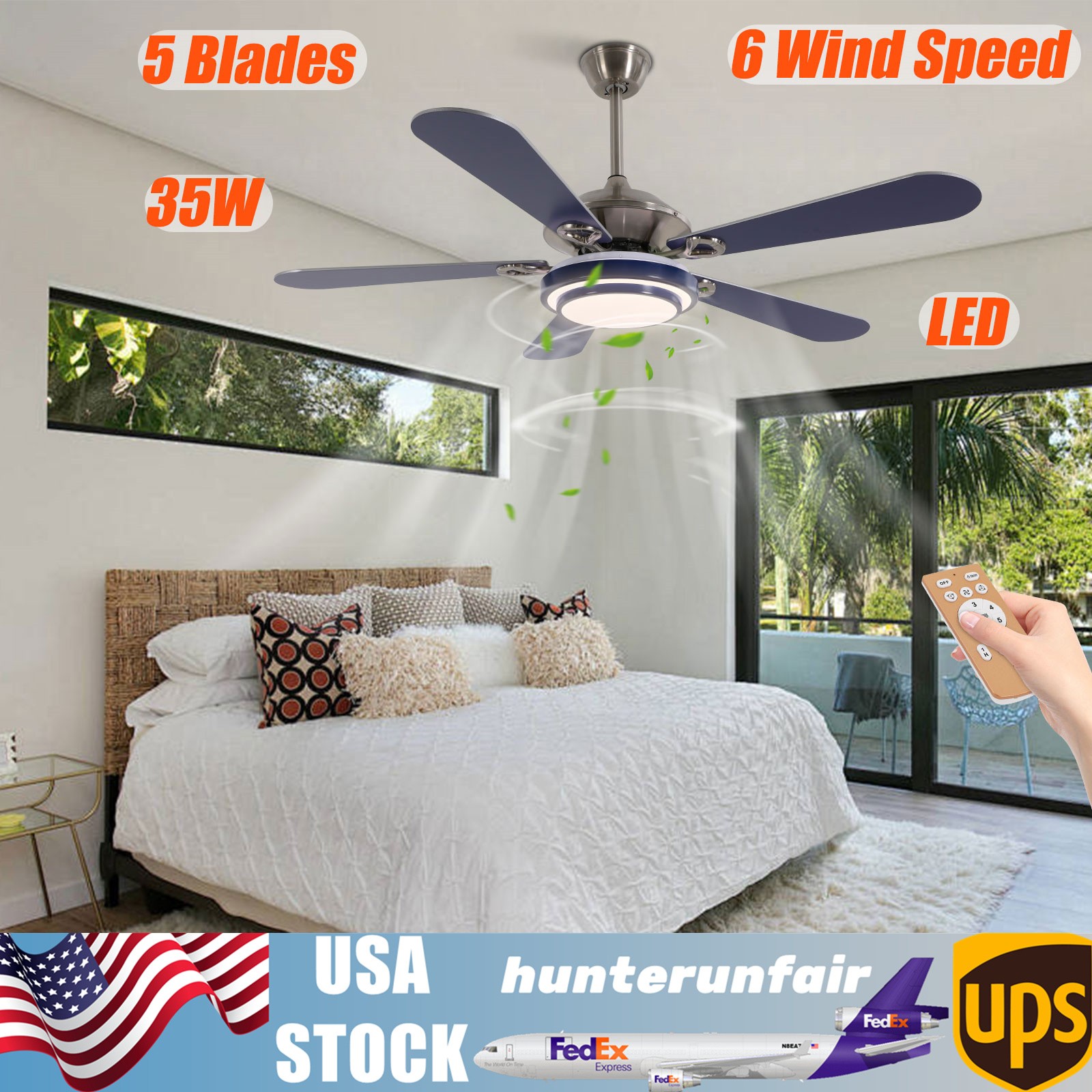 52" 5Blades Ceiling Fan with Light and Remote Control LED 3-Color Chandelier Fan
