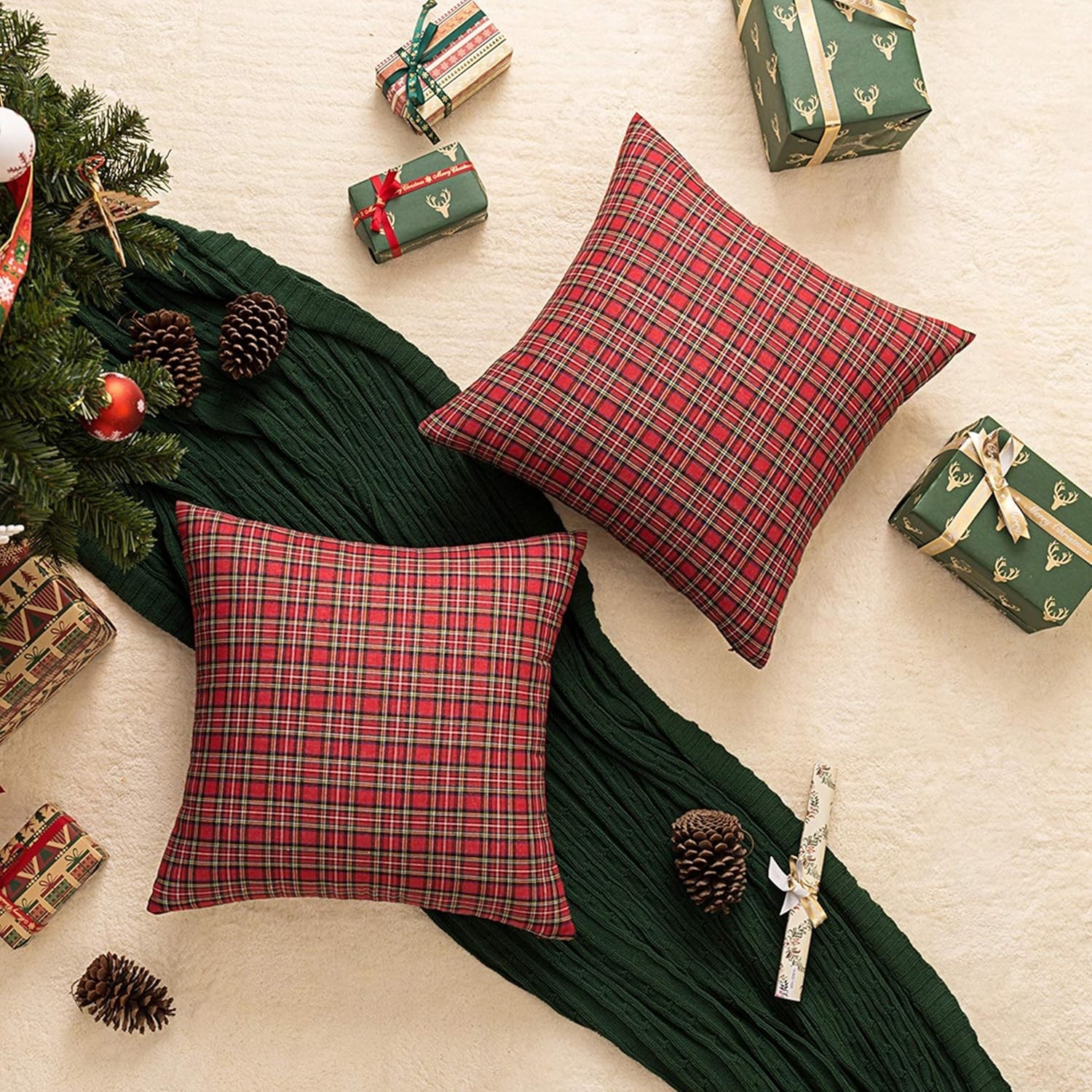 Christmas Plaid Pillow Covers Set of 2 20x20 Inches Red Green Tartan Decor