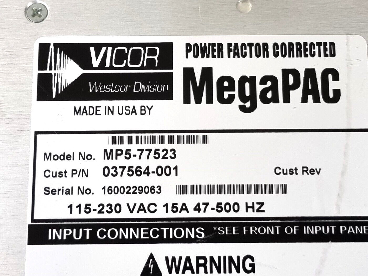 VICOR MegaPAC MP5-77523 power factor corrected power supply