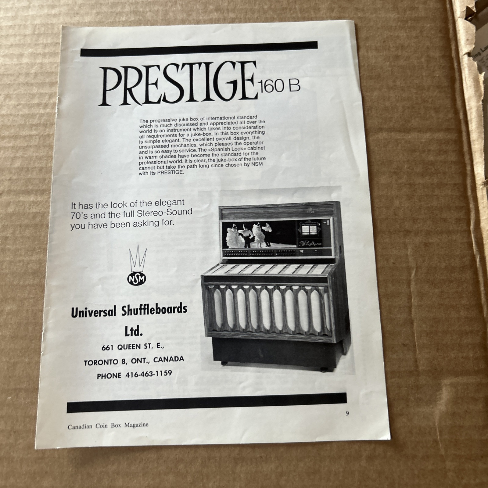 ORIGINAL  Ad Jukebox NSM Prestige 160 1970 11 By8" ARCADE GAME FLYER
