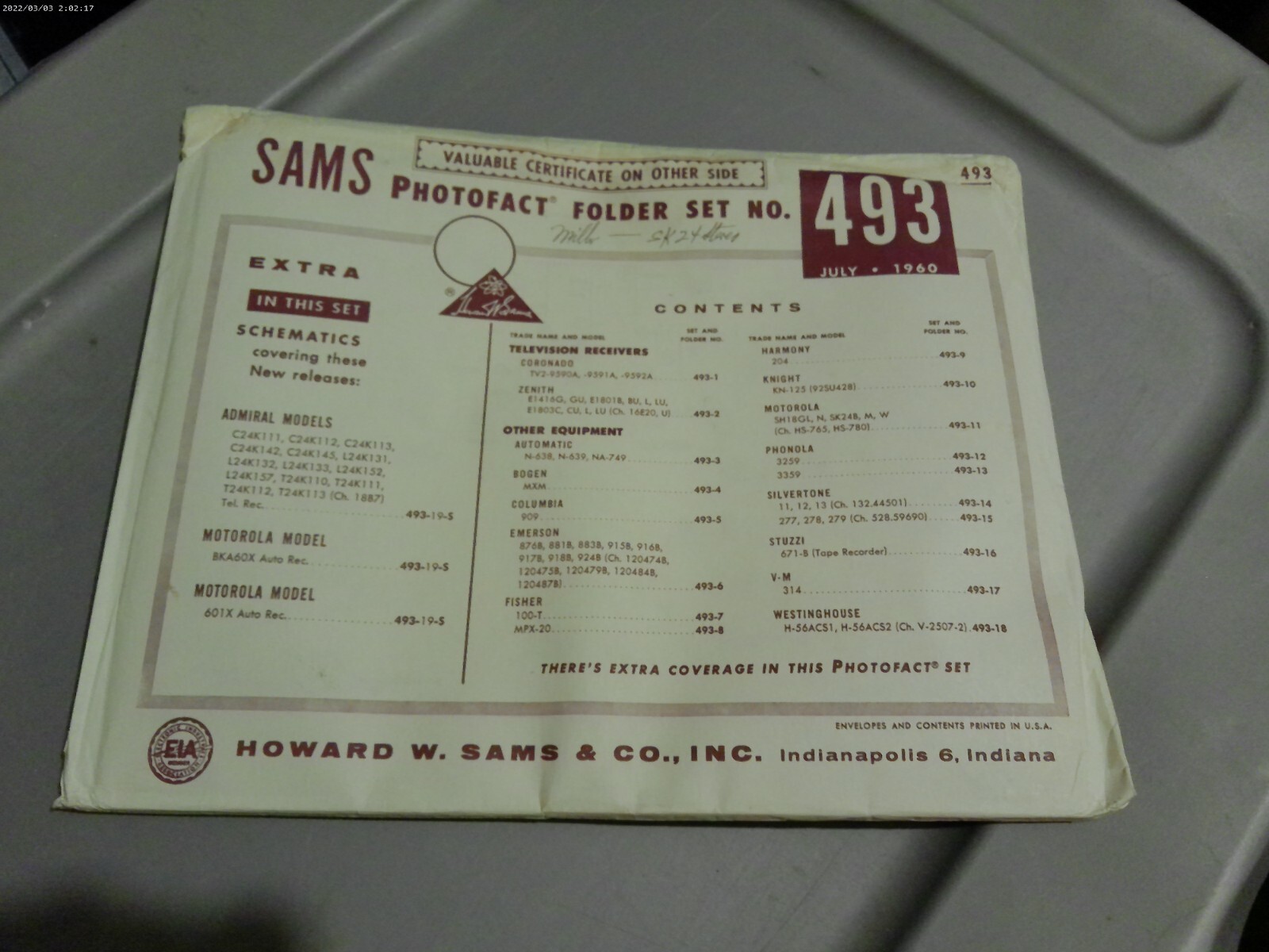 SAMS PHOTOFACT FOLDER SET NO.493