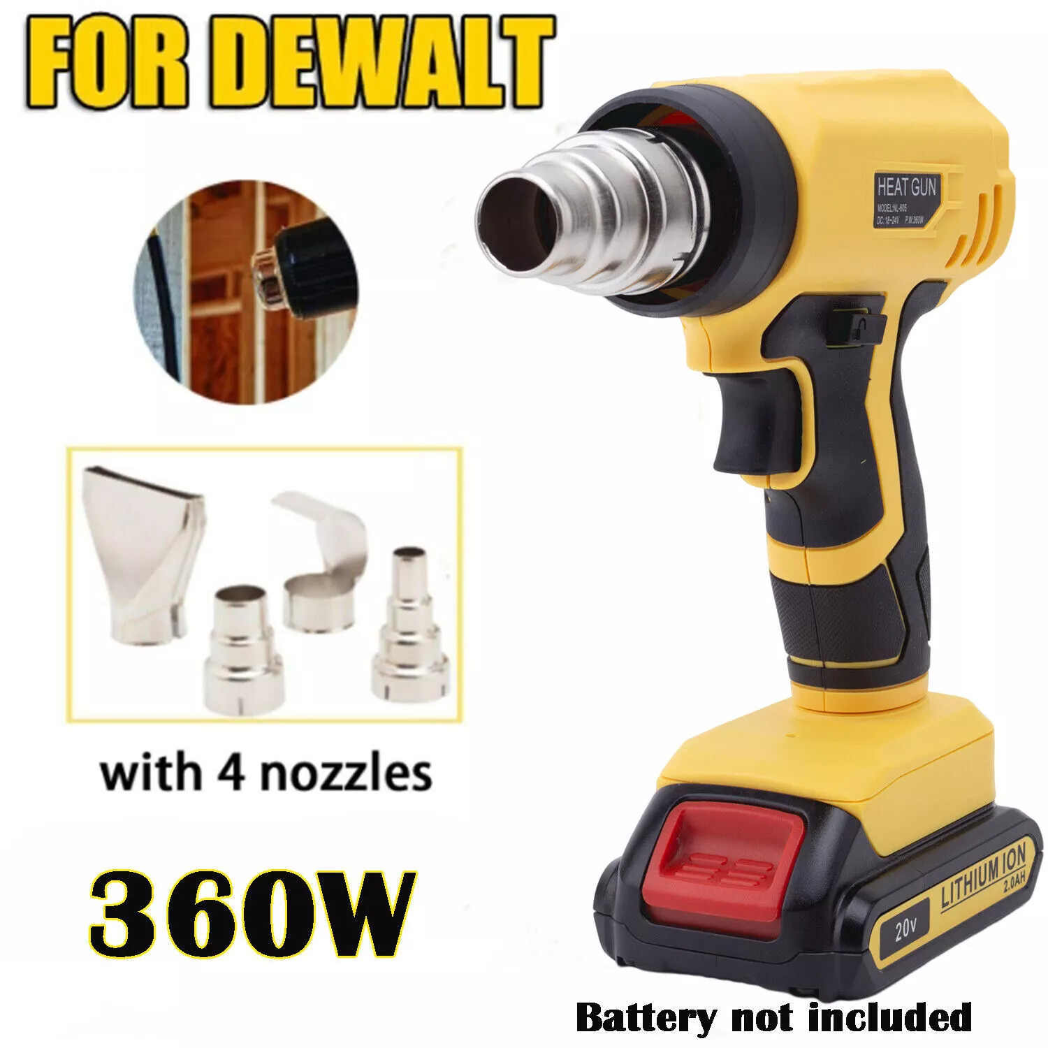 Cordless Heat Gun for Dewalt 20v Battery Soldering Hot Air Gun with 4 Nozzles