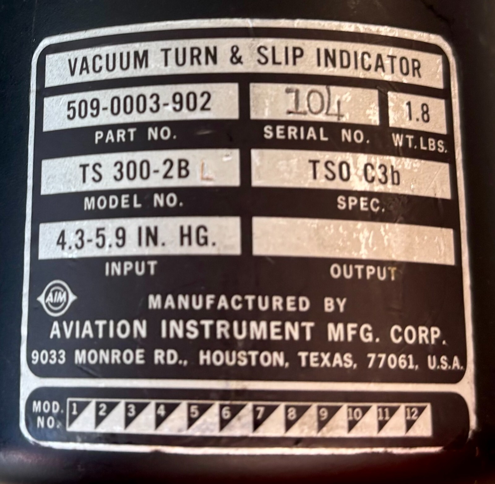 Vacuum Turn & Slip Indicator TS3002B 509-0003-902 Removed Working