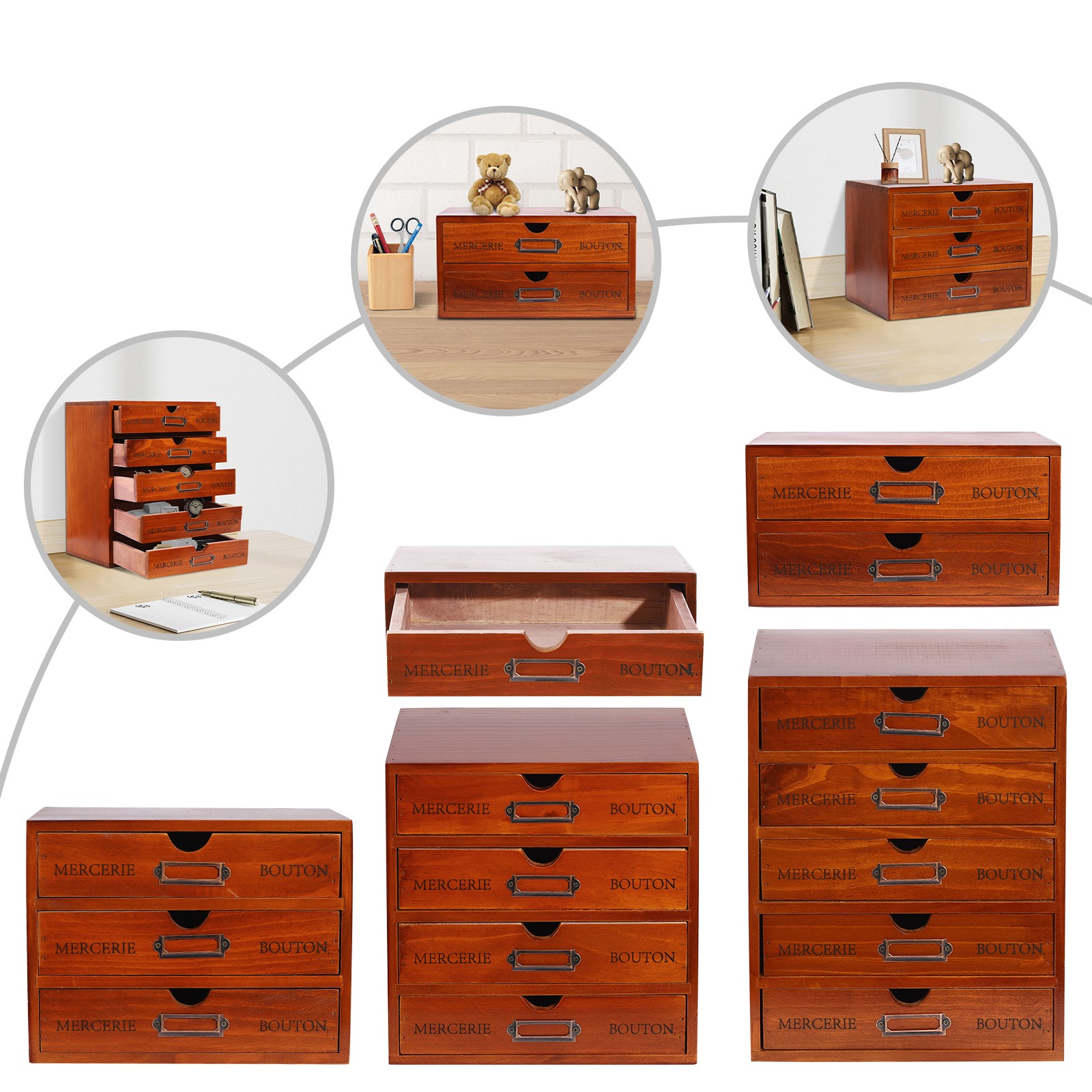 5 PCS Wooden Desktop Organizers Retro Rectangular Storage Drawers For Tabletop