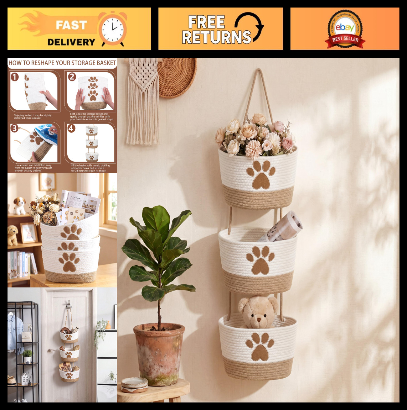 3-Tier Dog Paw Cotton Rope Hanging Basket Organizer, Wall Storage Bin with Hooks