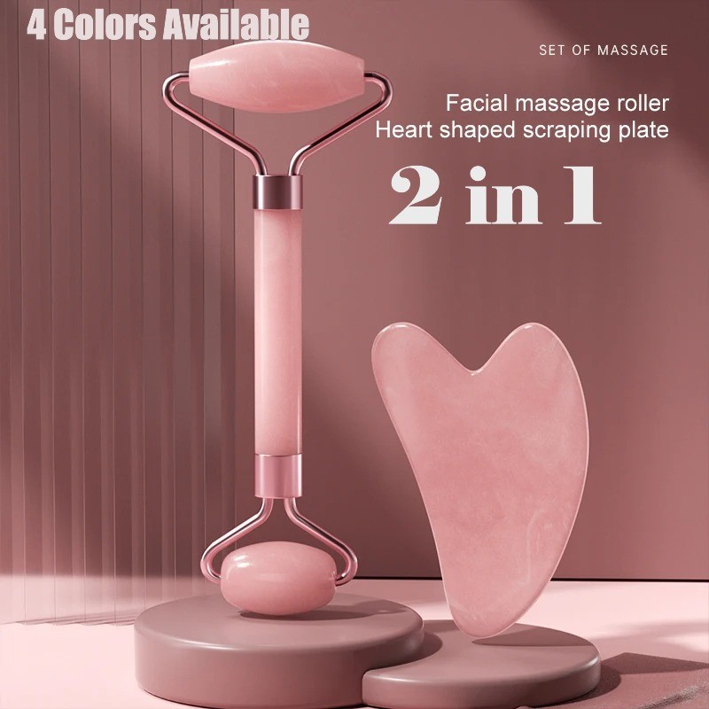 Resin Facial Roller & Gua Sha Set Face Massager Skin Care Tool Pink Green Black