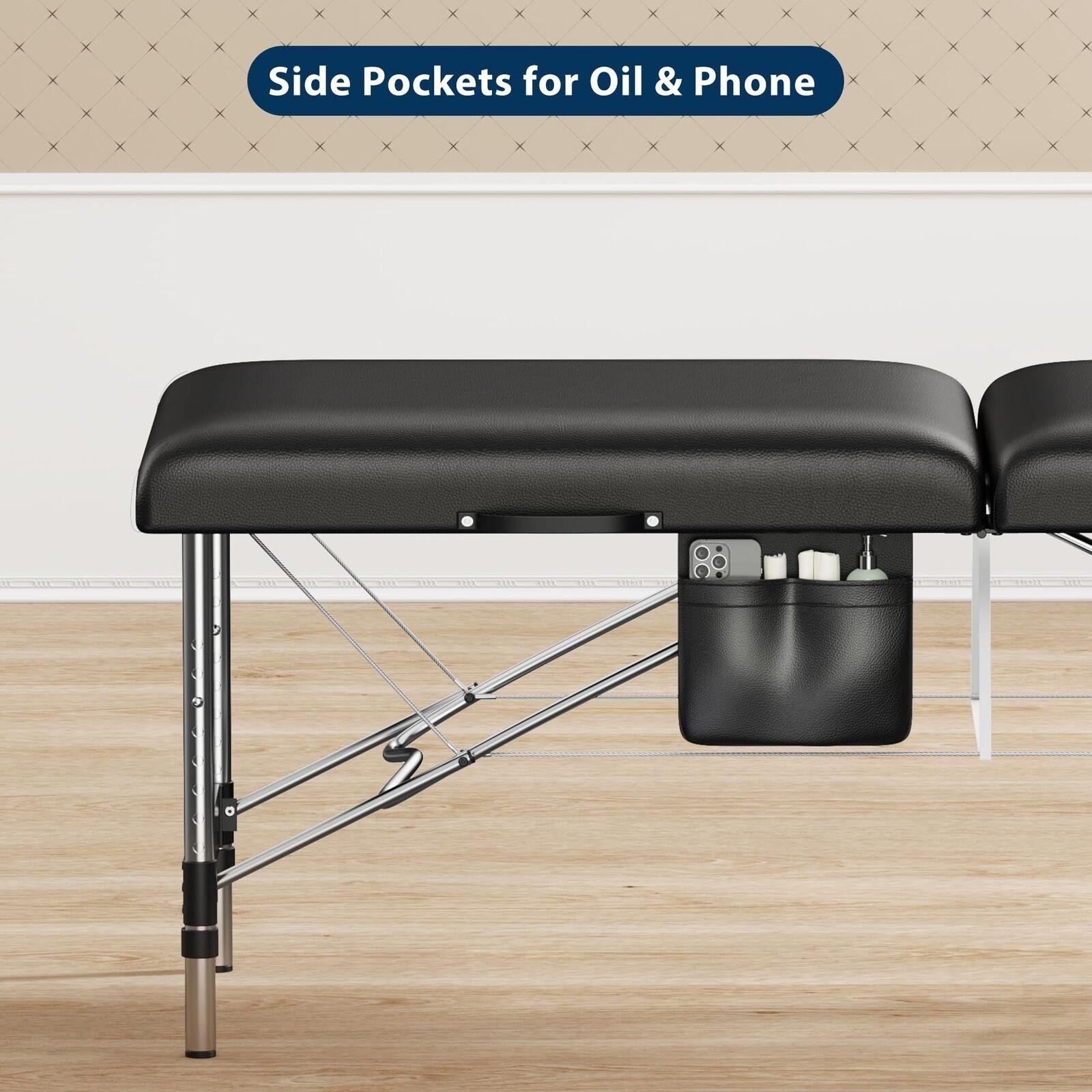 Brelley Massage Table Portable, 2-Fold Lash Bed with Side Pocket, Adjustable Hei