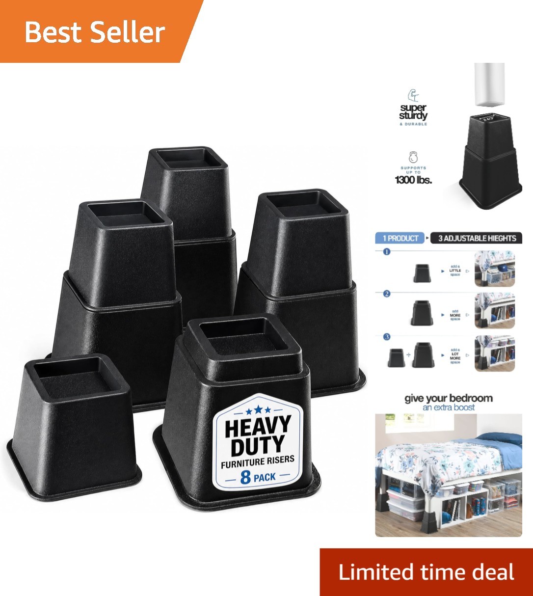 Heavy-Duty Stackable Bed Risers - Support Up to 1300 lbs | Black 4-Piece Set