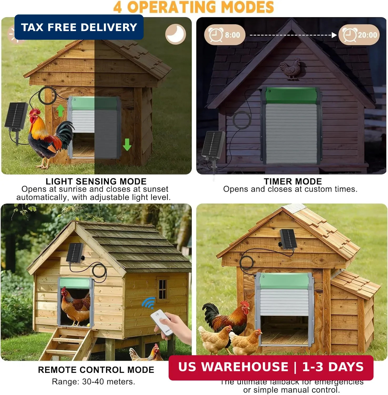 Solar-Powered Automatic Chicken Coop Door with Timer, Light Sensor & Remote Cont