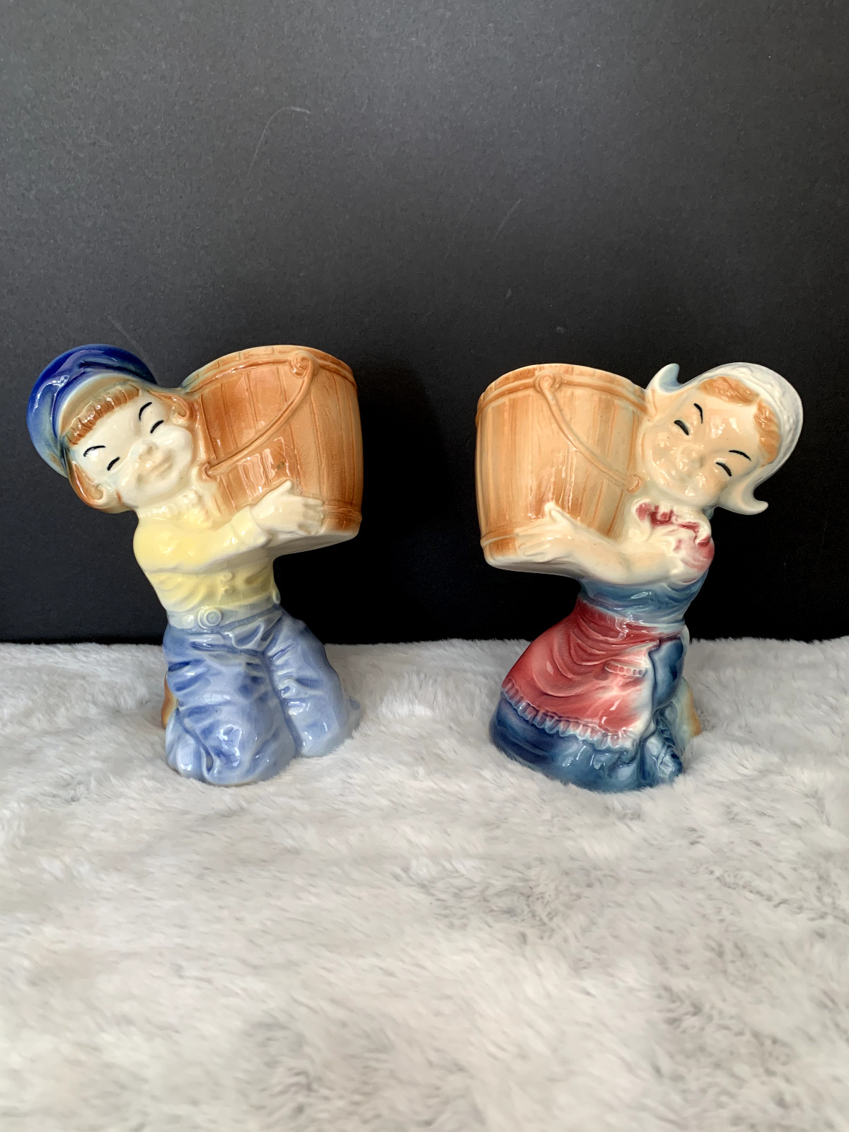 Vintage Royal Copley Farm Boy & Girl With Barrel Planters Vase Set of 2