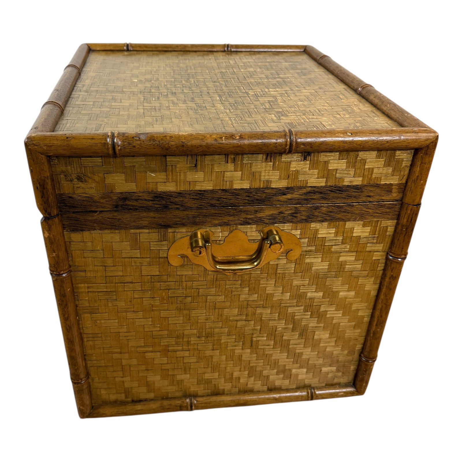 Vintage Bamboo Lidded Chest  Trunk Hamper Herringbone Woven Wicker
