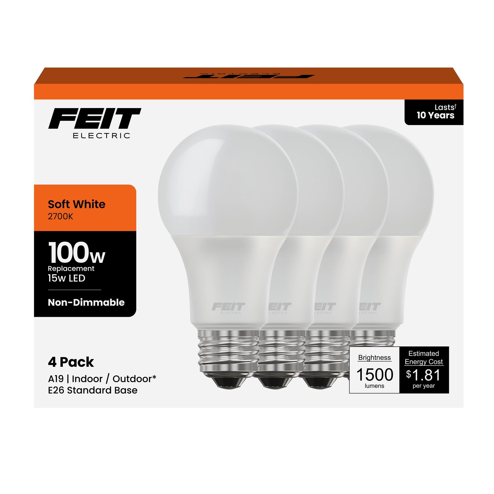 LED Light Bulbs A19 100W Equivalent 1500 Lumens 2700K Soft White 4 Pack Electric