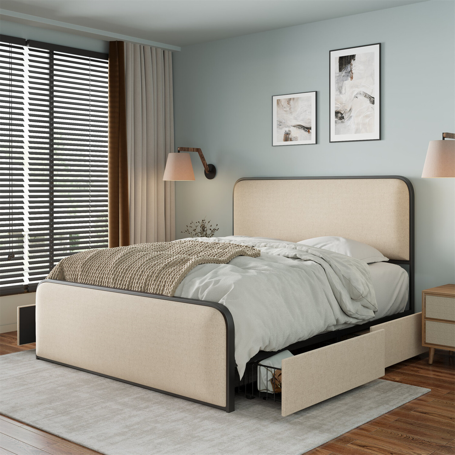 Queen/King Size Bed Frame Metal Platform Bed w/ Headboard & 4 Storage Drawer