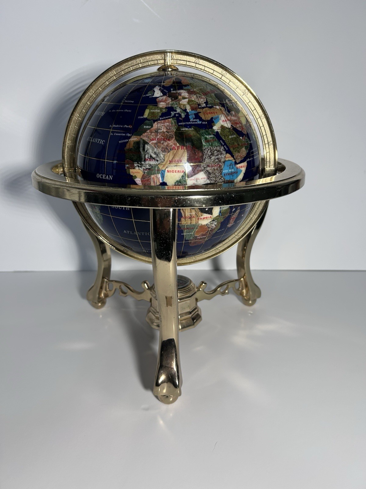 Gemstone Inlaid World 12" High Globe W/ Brass Zodiac Stand & Compass