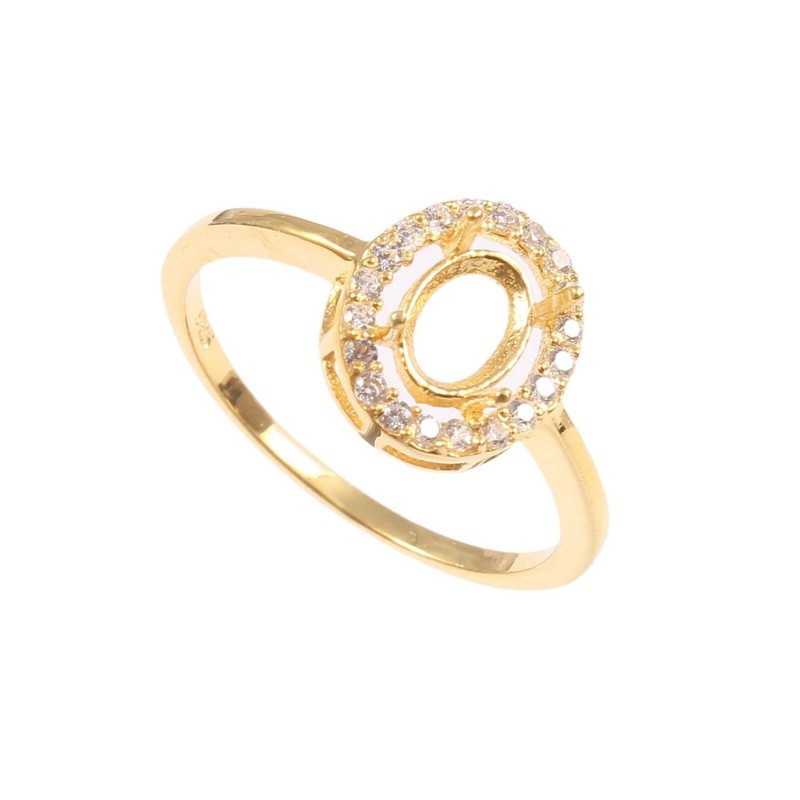 6x4mm Oval Semi Mount Ring 925 Sterling Silver Gold Plated CZ Halo Setting