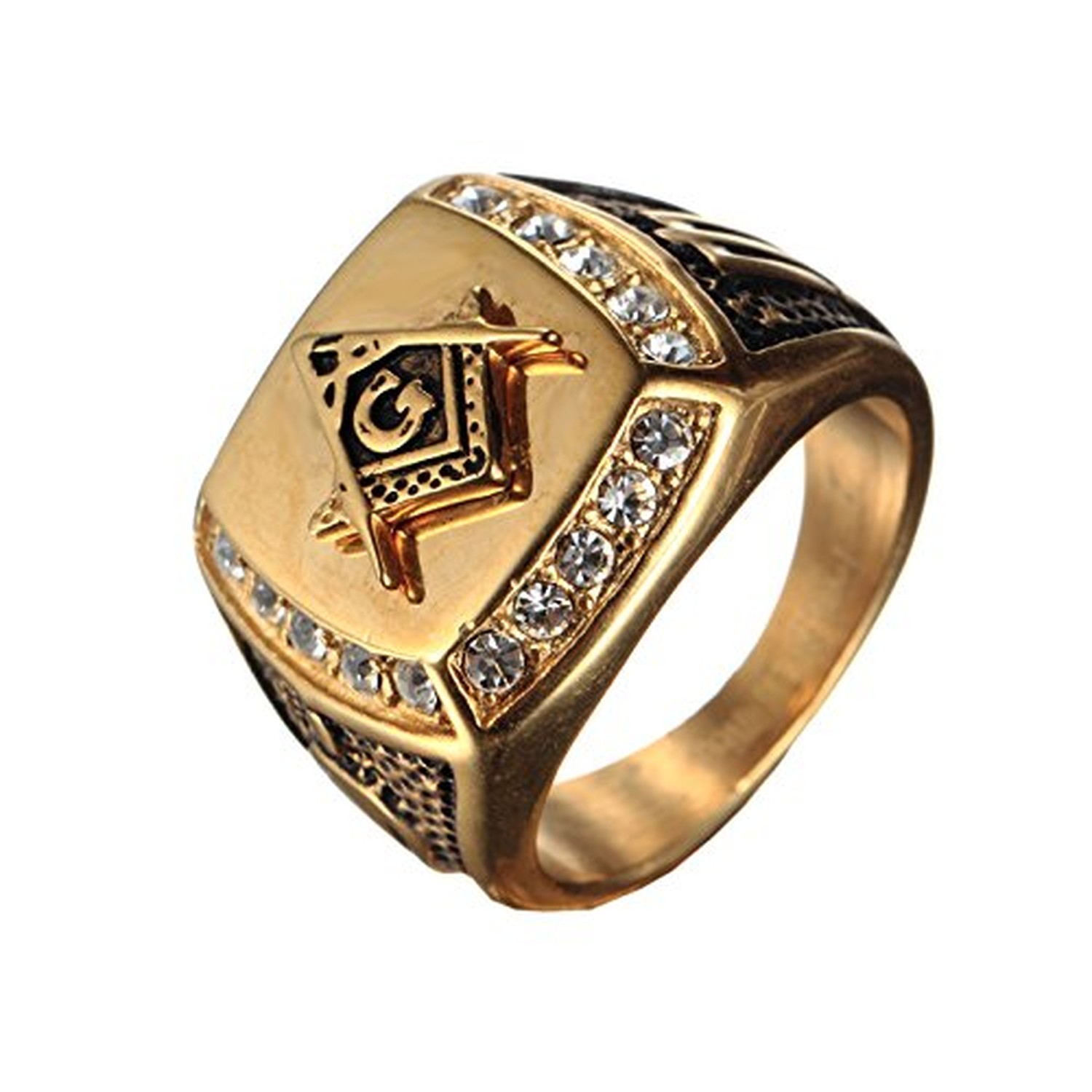 Men's Cubic Zirconia Masonic Freemason Gold Plated Stainless Steel Rings 12