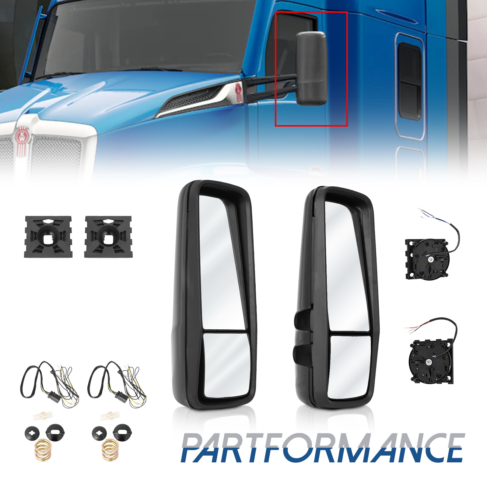 Black Door Mirror Powered & Heated Pair For 2013+ Kenworth T680 T880 LH+RH Side