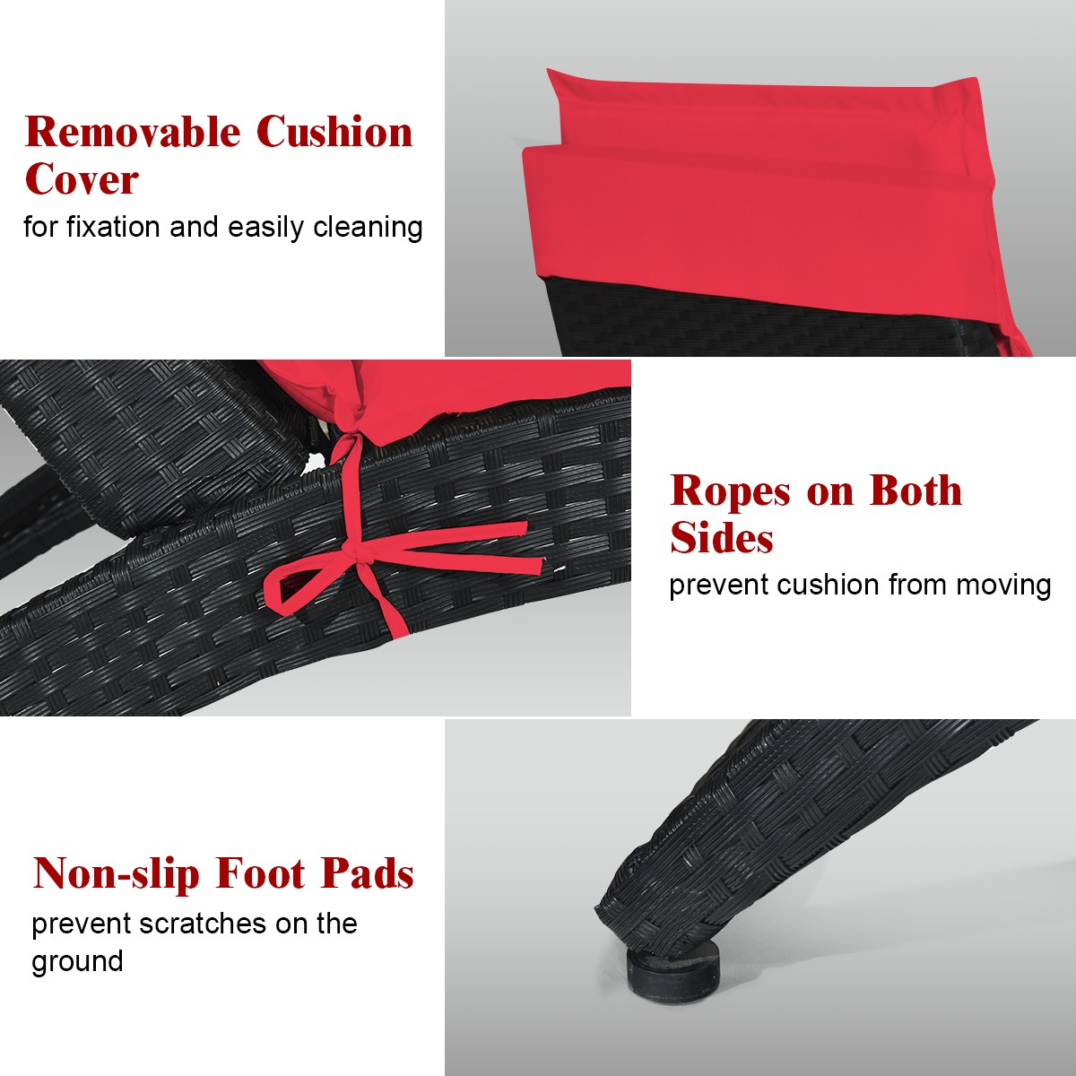 2PCS Folding Patio Rattan Lounge Chair Chaise Cushioned Portable Garden Lawn Red