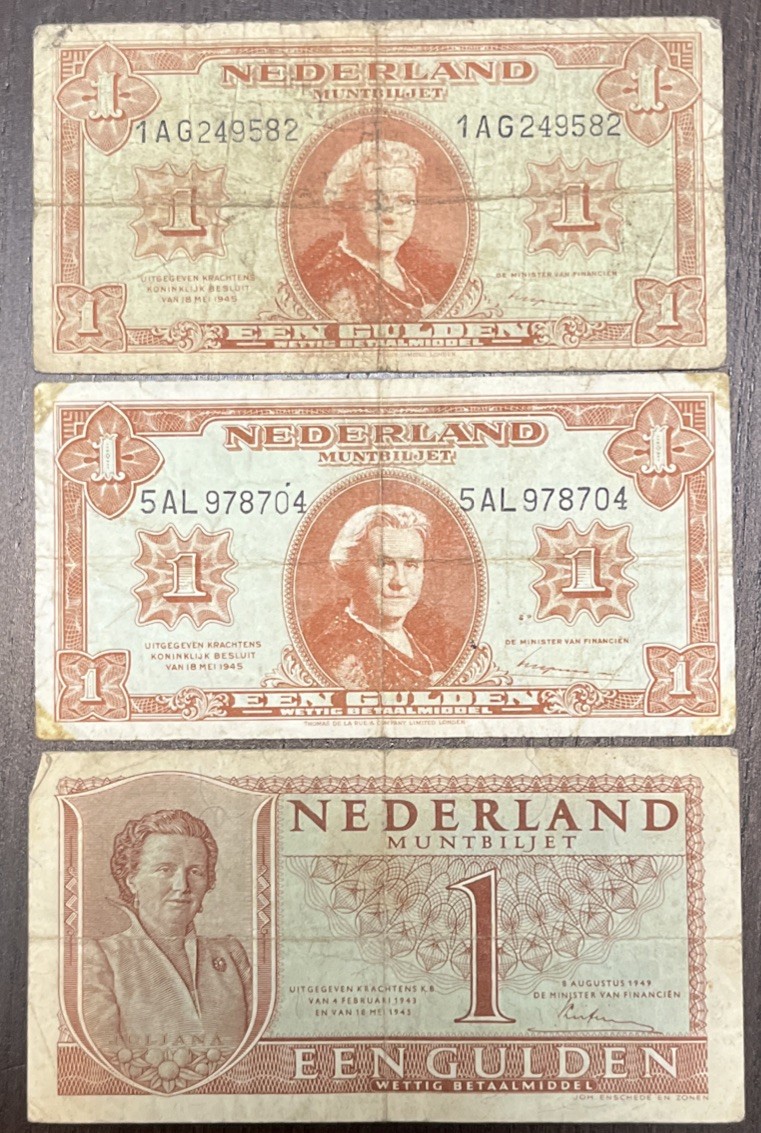 NETHERLAND 1945 1949 1 Gulden 3 Banknotes