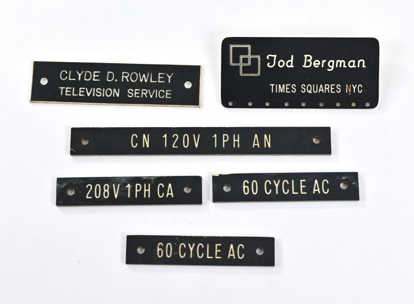 Vintage Engraved Panel Tags Radio TV Service NYC Electrical Nameplates (5E)