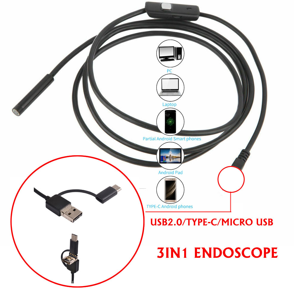 USB Endoscope Borescope 6 LED Waterproof Snake Camera For Mac OS Android Windows