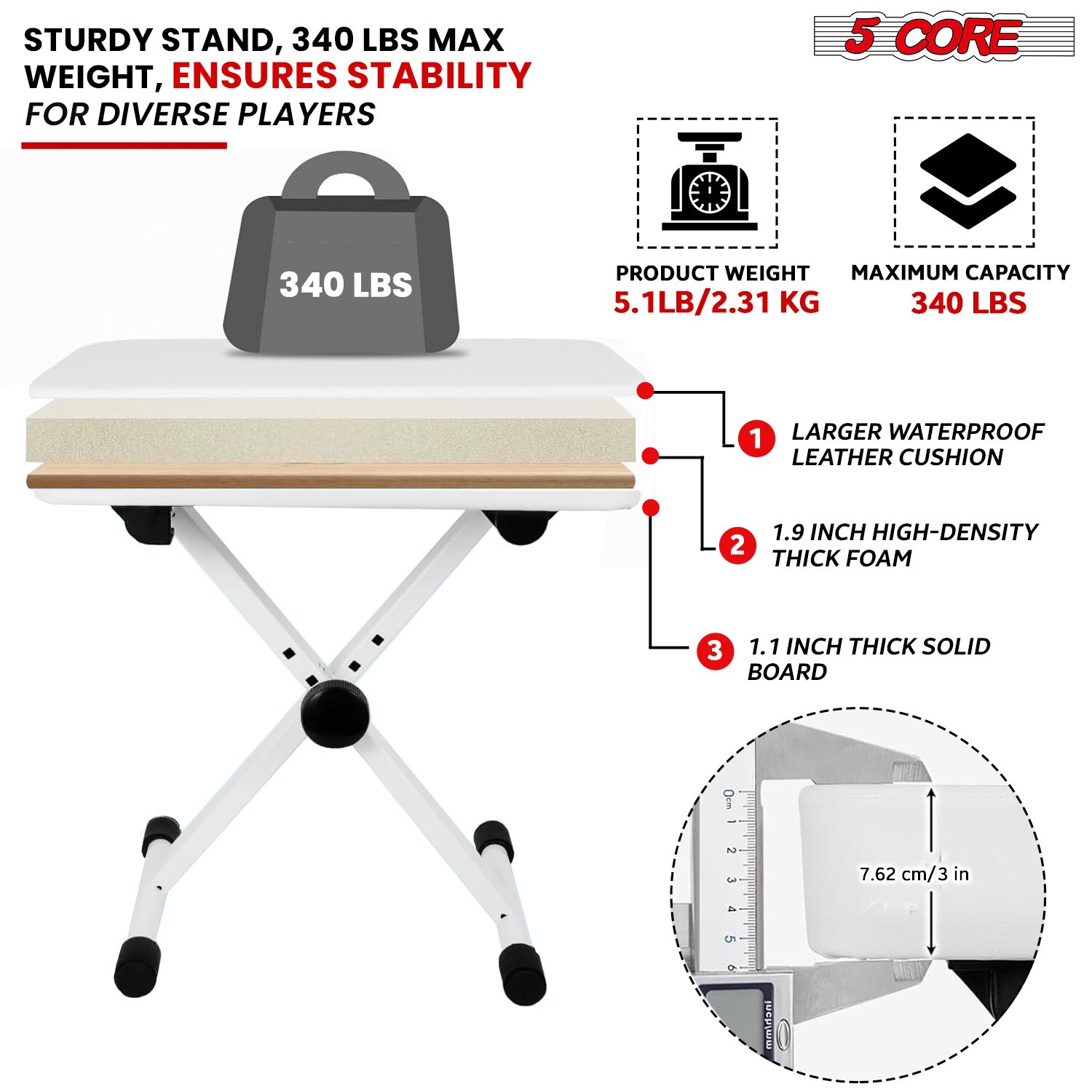 5Core Keyboard Stand Double XStyle Adjustable Piano Riser + Keyboard Piano Bench