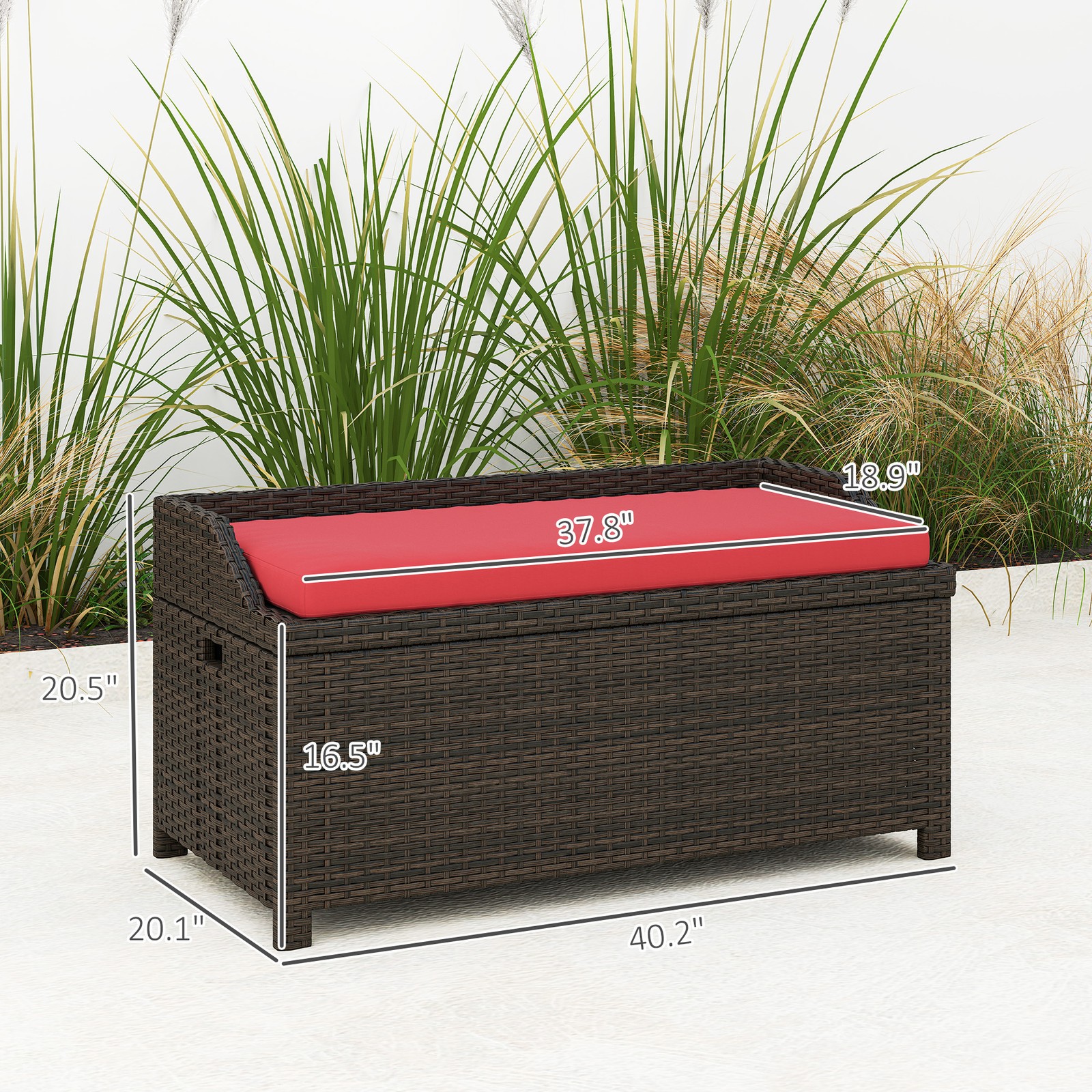 Outdoor Wicker Storage Bench With Storage & Cushion, Red