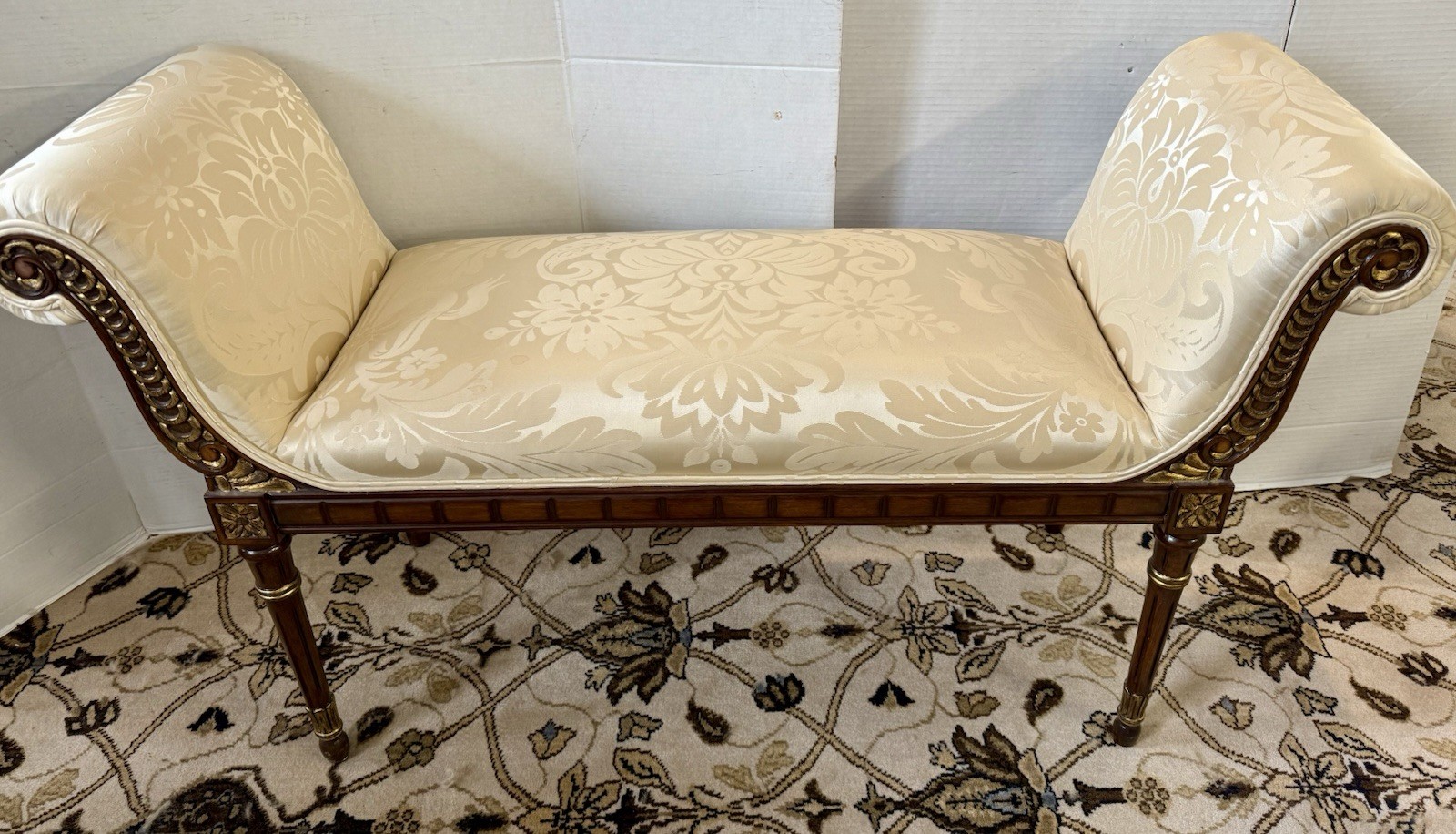 Magnificent Neoclassical Carved Mahogany and Gilt Scroll Arm Window Bench Seat