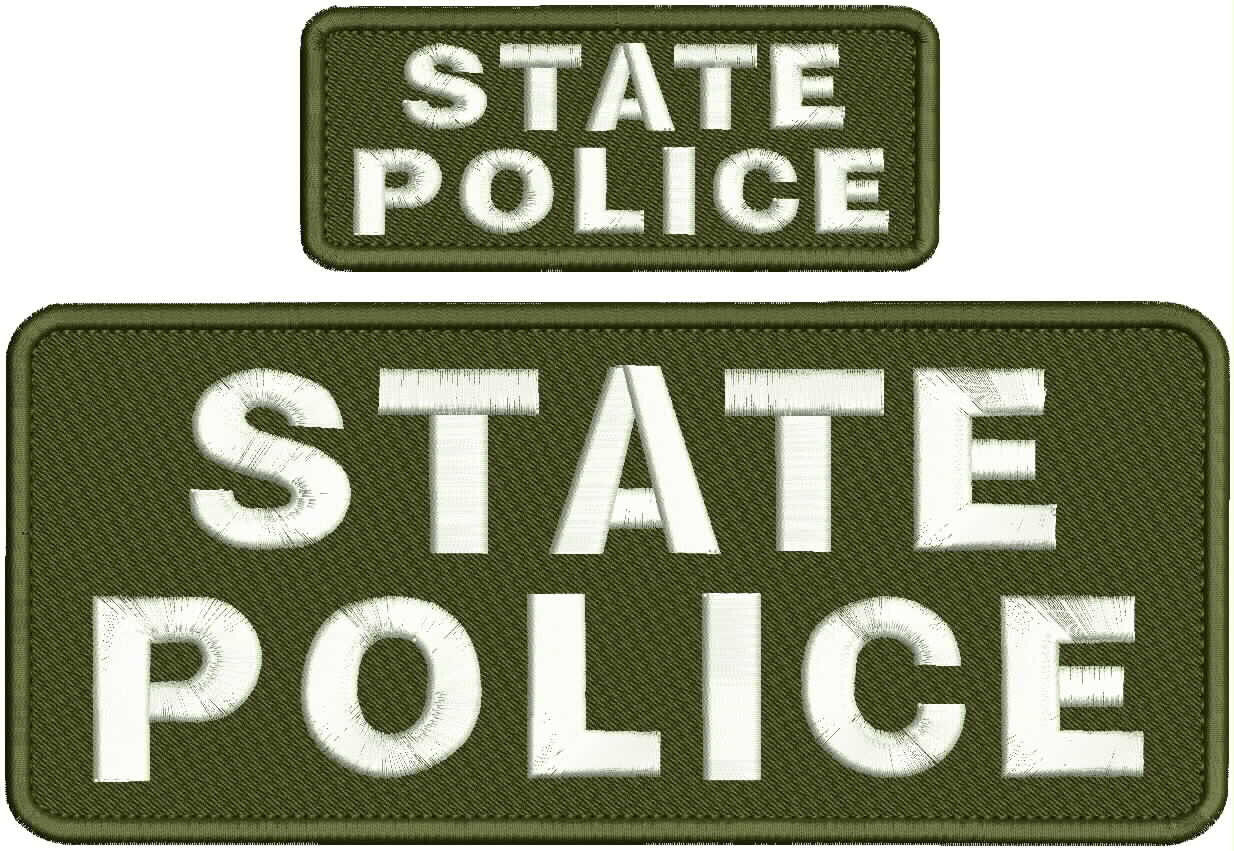 STATE POLICE EMBROIDERY PATCH 4X10 AND 2X5 HOOK ON BACK WHITE on od green