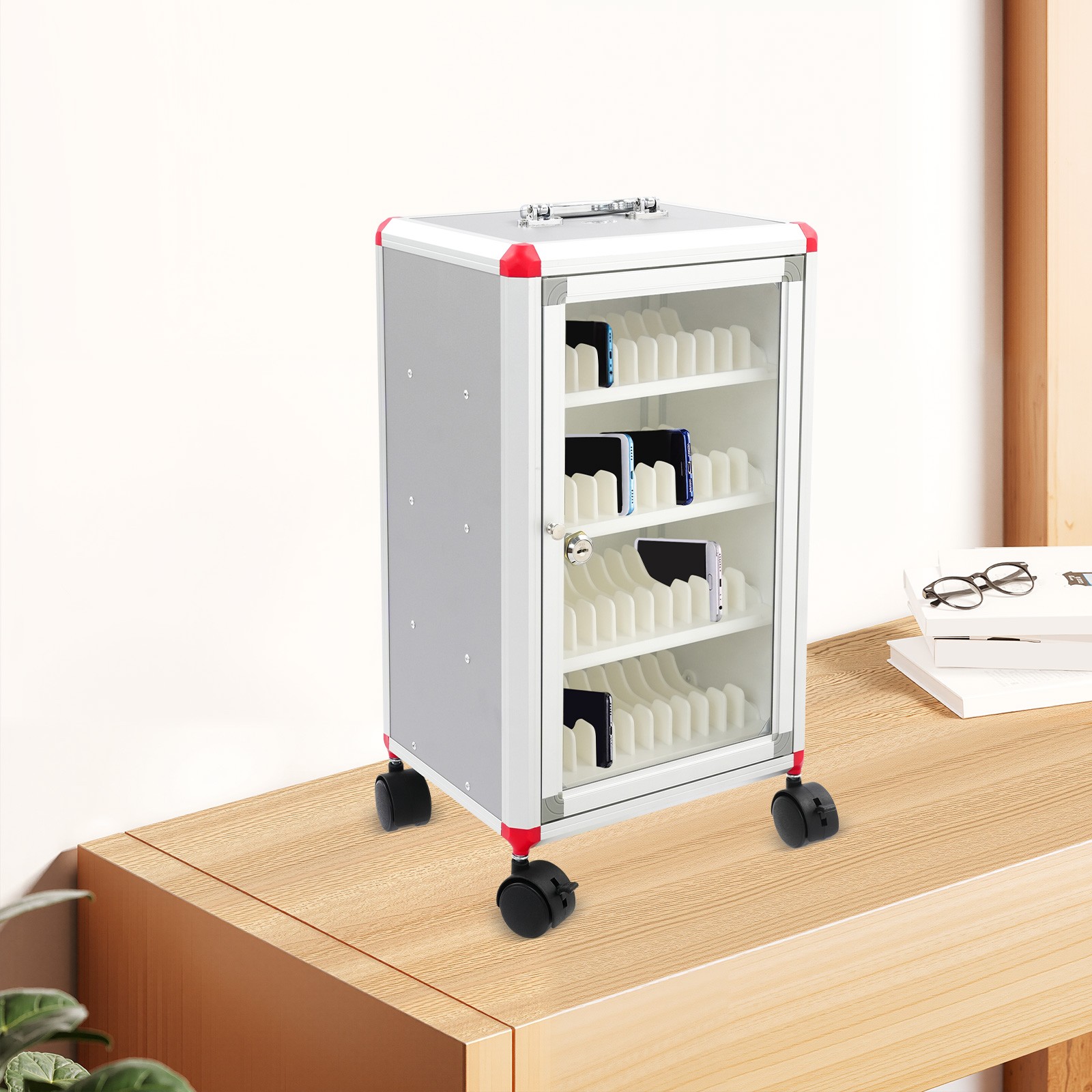 48-Slot Mobile Phone Storage Cabinet with Lock and Rolling Wheels