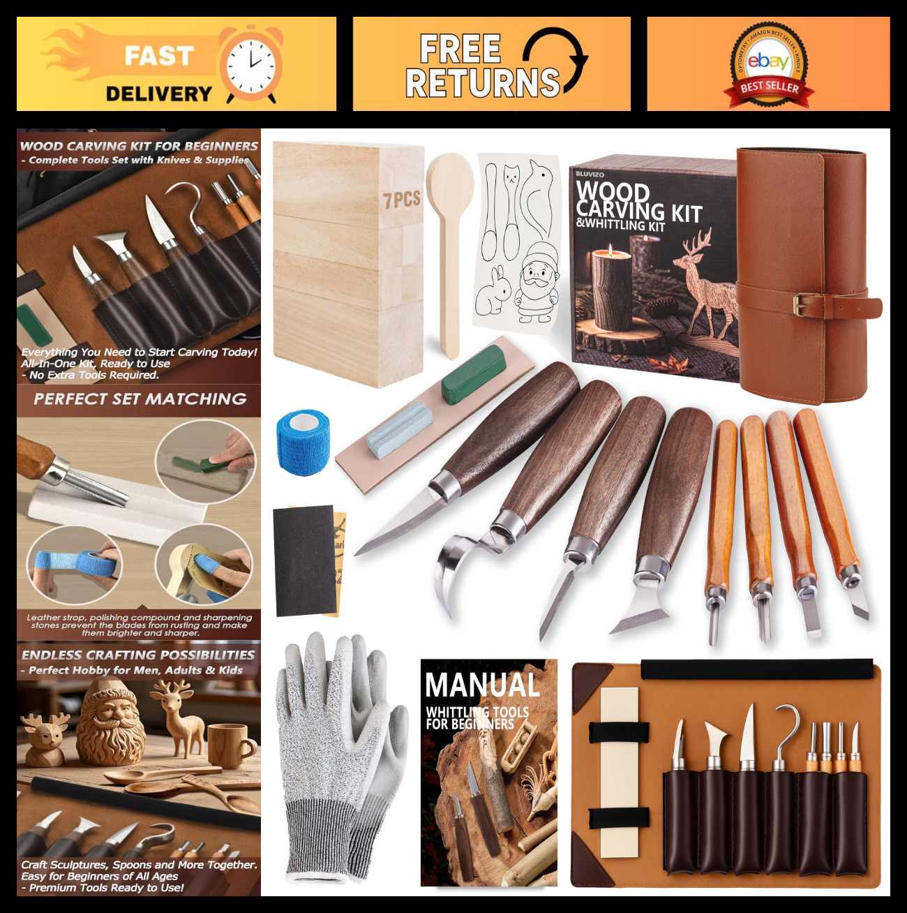 Deluxe Wood Carving Kit with Tools & Leather Case - Whittling Set for Beginners,