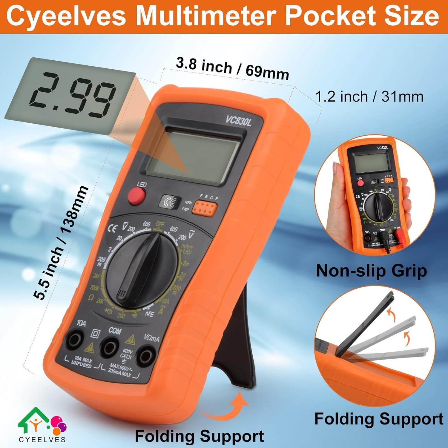 Multifunction Digital Multimeter with Backlit Display for AC/DC Testing