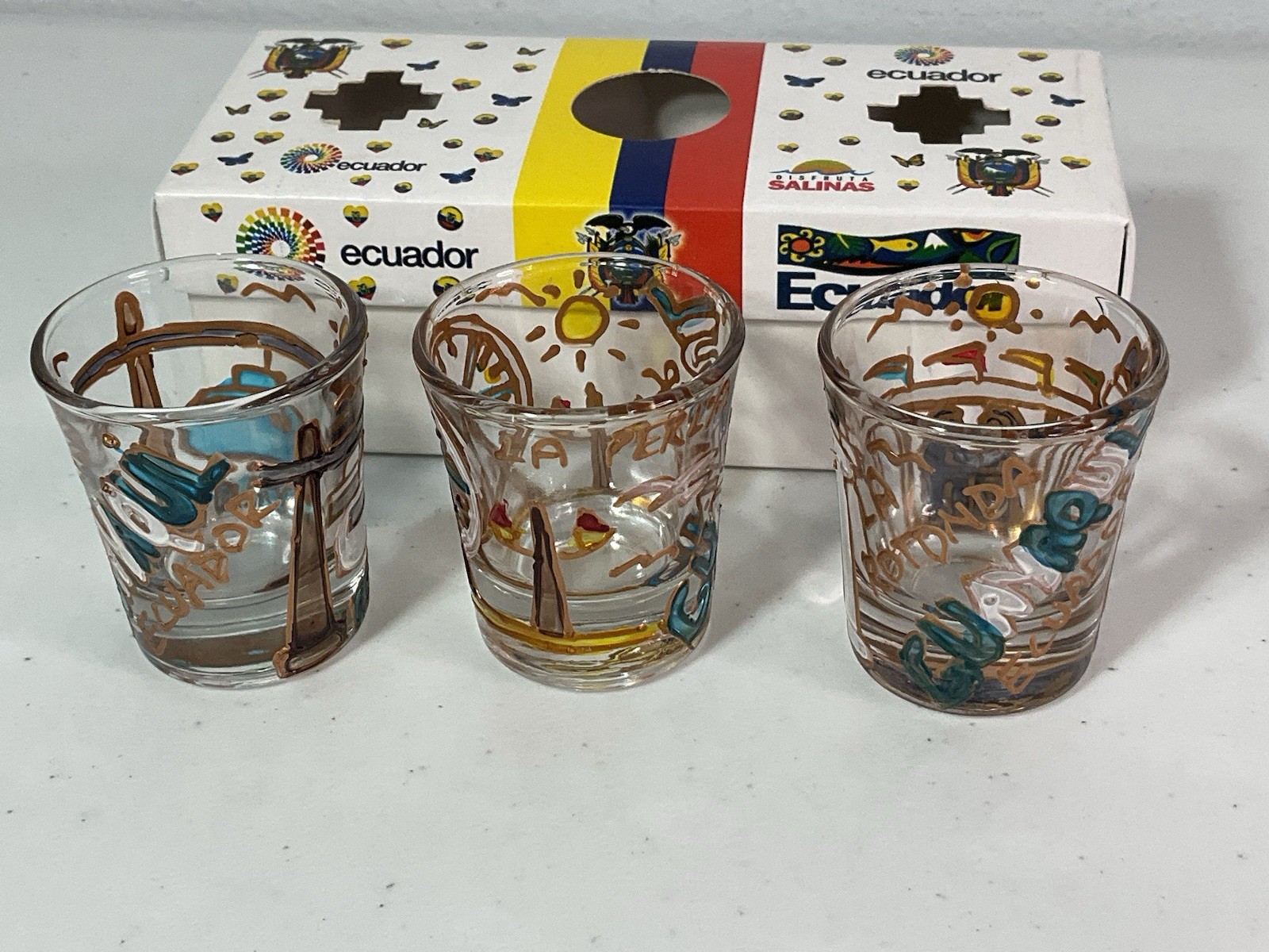 EQUADOR x3 Hand Painted Shot Glasses. NEW.