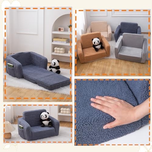 Toddler Baby Chair Couch Sofa Kids Foldable 2-in-1 Sherpa Fold Out Couch Grey