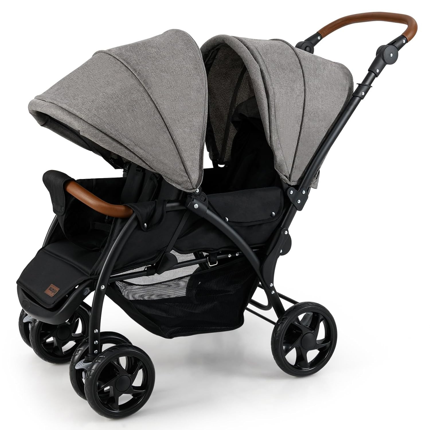 Compact Double Stroller with Adjustable Canopy, Harness & Storage Basket
