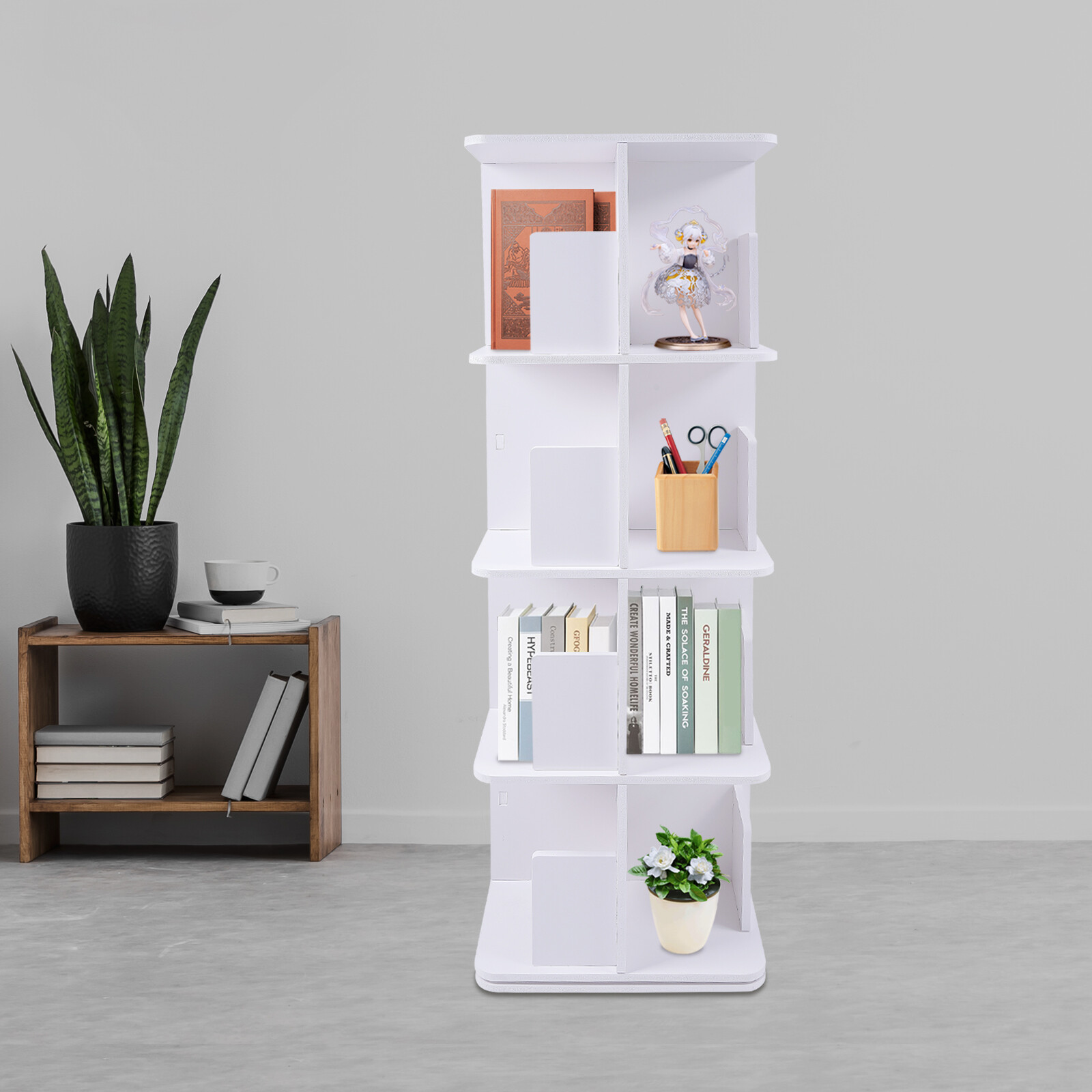 4-Tier White 360° Rotating Bookshelf Standing Bookcase Small Corner Bookcase