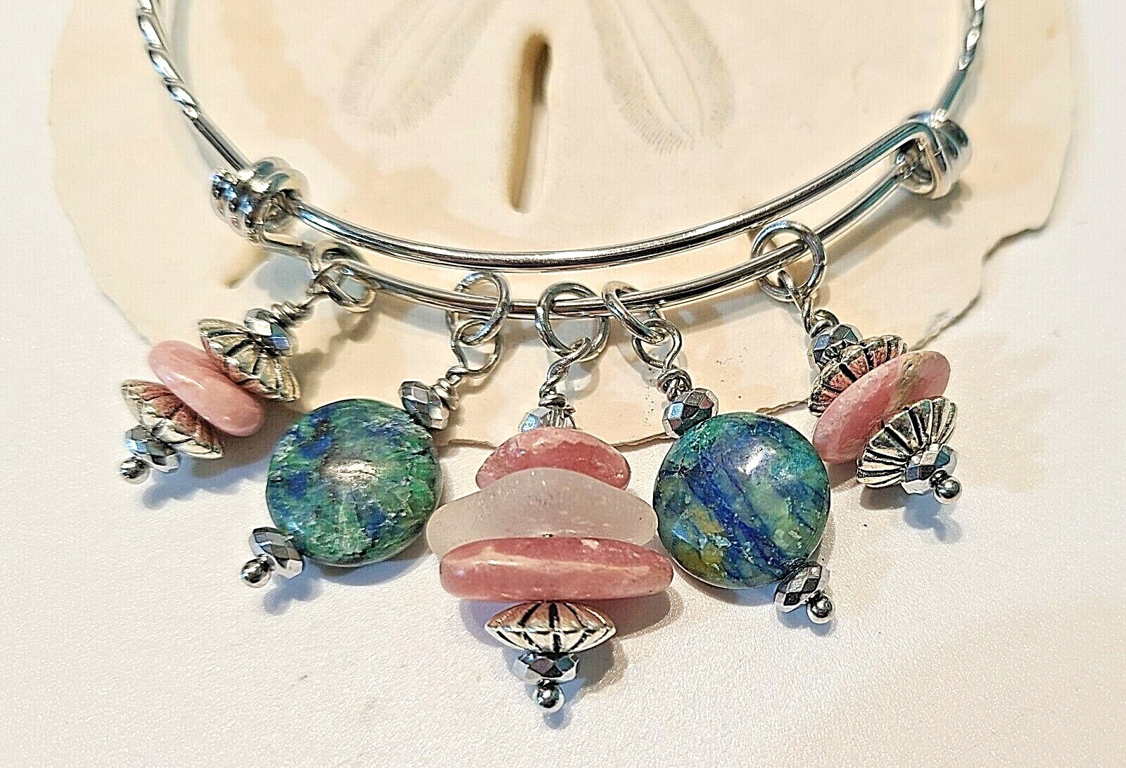 Artisan Bangle Sea Glass Rhodochrosite Tibetan Beads Hand Made Adjustable Surf