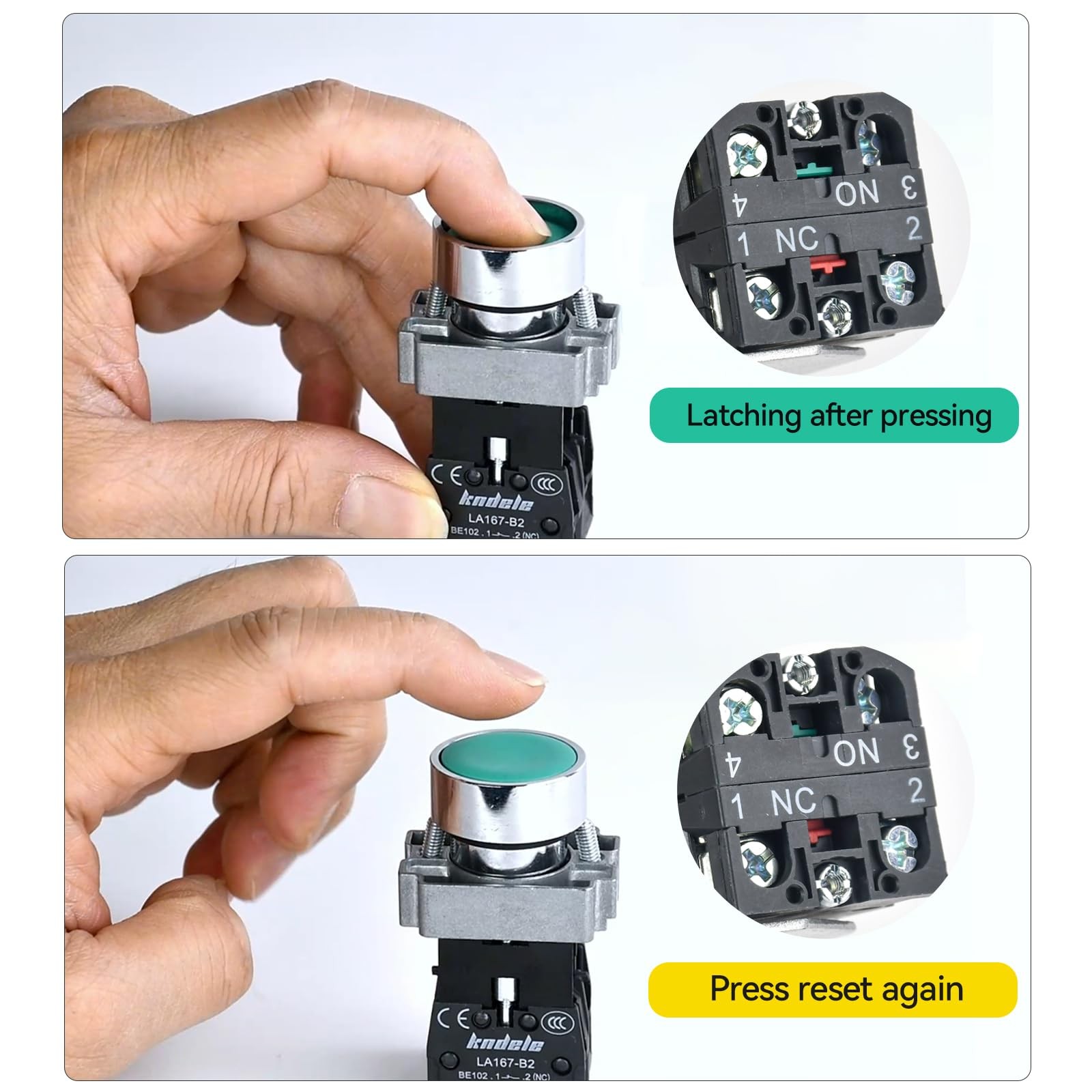 2 PCS 10A 22MM Latching Push Button Switch 1NO 1NC SPDT 660V AC Waterproof