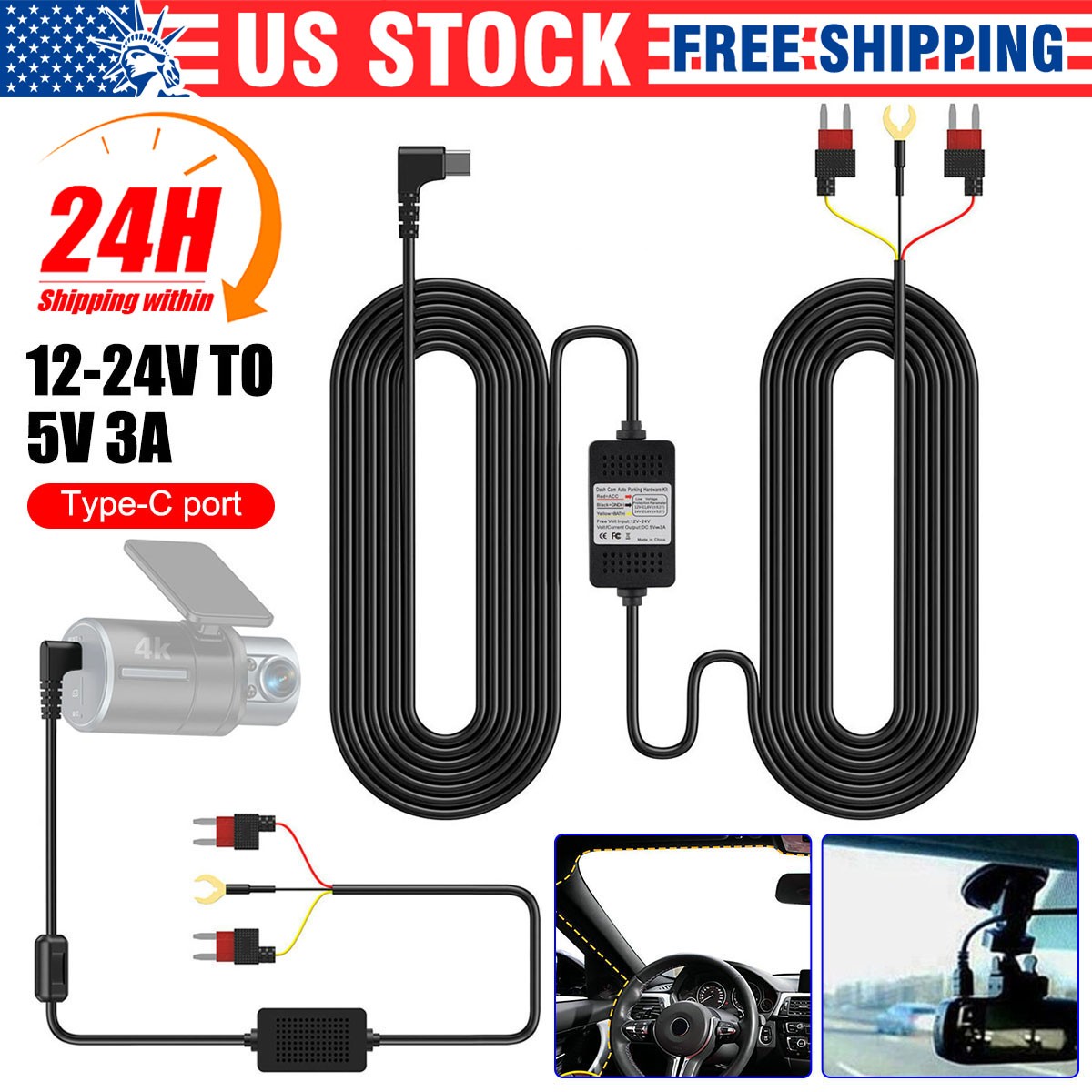 Universal Dash Cam Hardwire Kit Type C Hard Wire Cable Fuse 12-24V for Car DVR