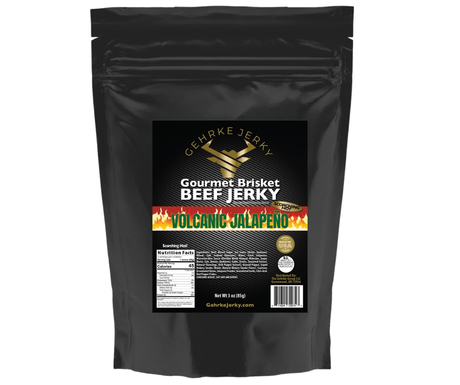 VOLCANIC JALAPENO HOME-MADE STYLE GOURMET GEHRKE JERKY 100% PREMIUM BEEF BRISKET