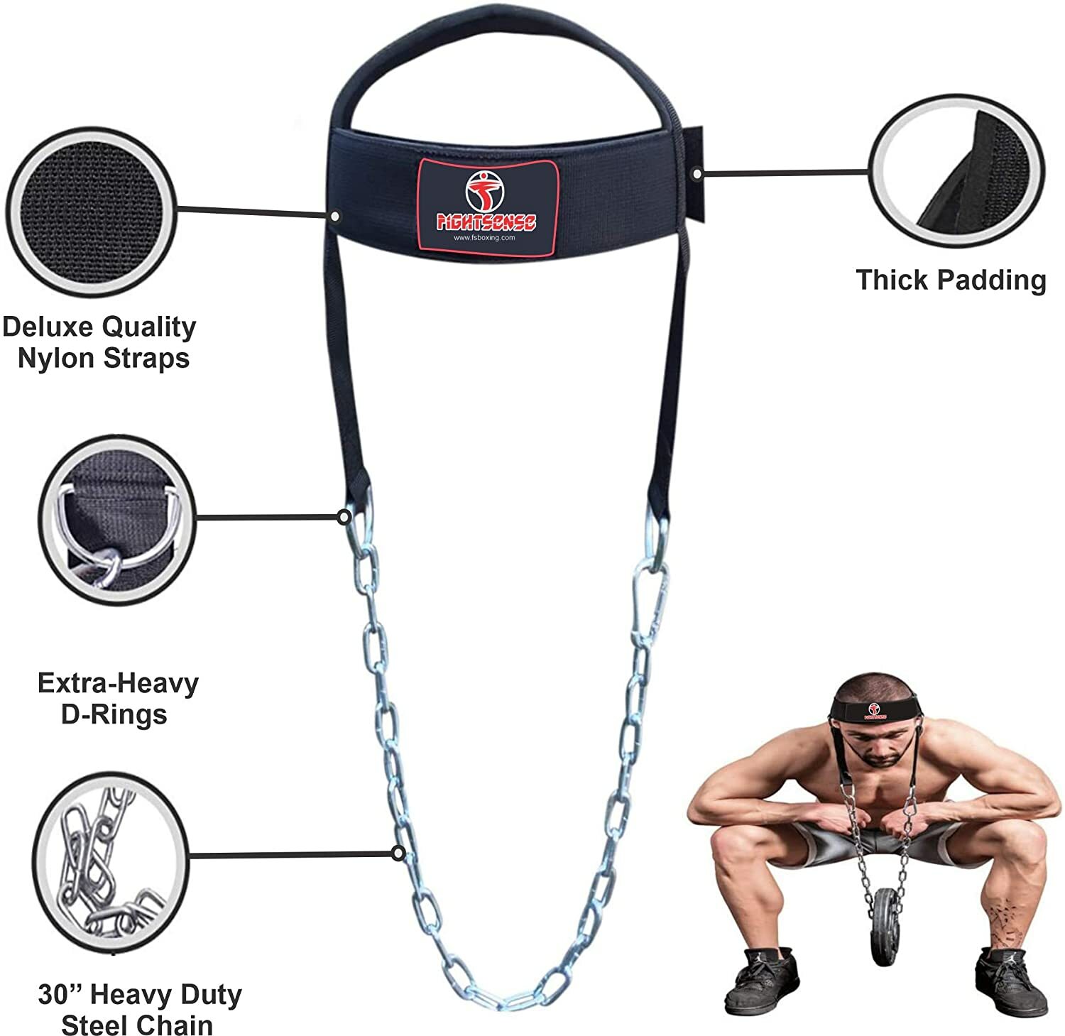 FIGHTSENSE Head Neck Harness Strap Neck Support Weight Lifting With Chain