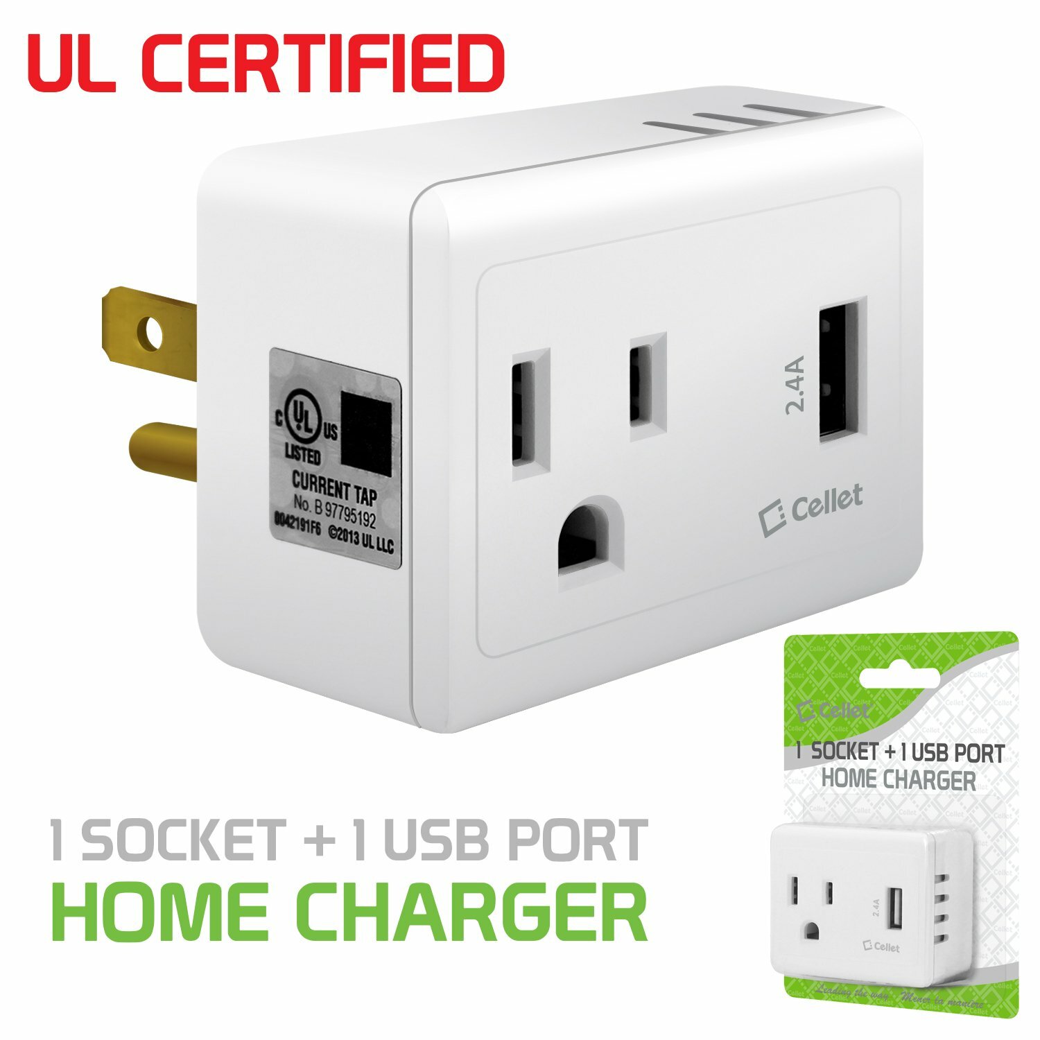 Cellet UL Certified 1 Outlet + 12Watt (2.4Amp) USB Port Travel Charger
